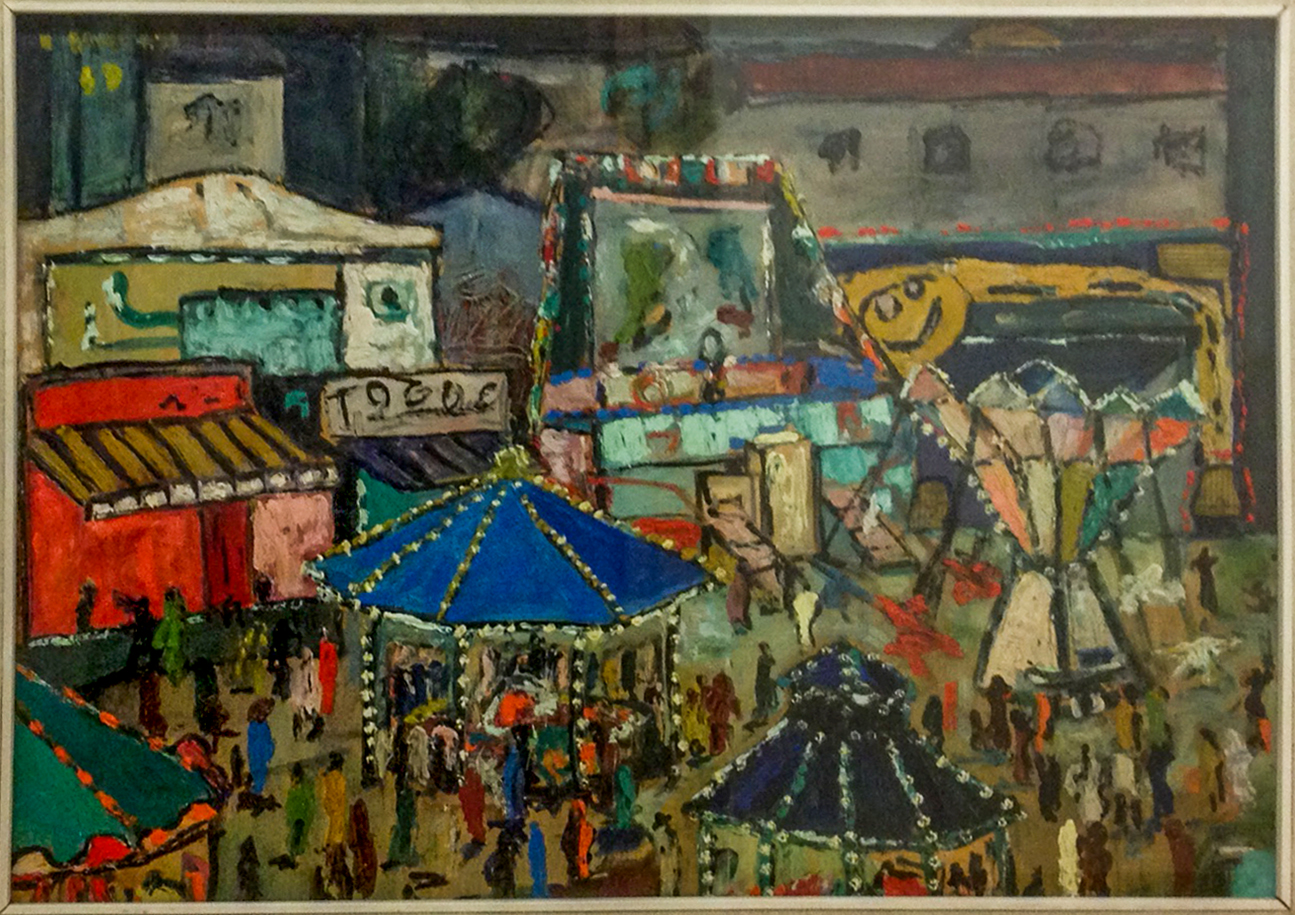 Giostra, Veduta di città con giostre (dipinto, opera isolata) di Barbieri Eugenio (XX)