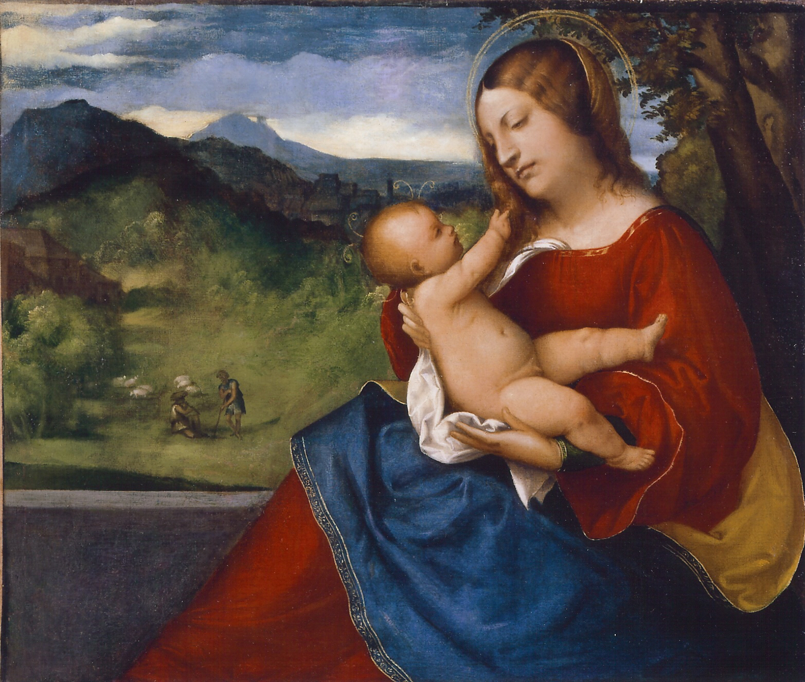 Madonna col Bambino (dipinto, opera isolata) di Vecellio Tiziano (cerchia) (sec. XVI)