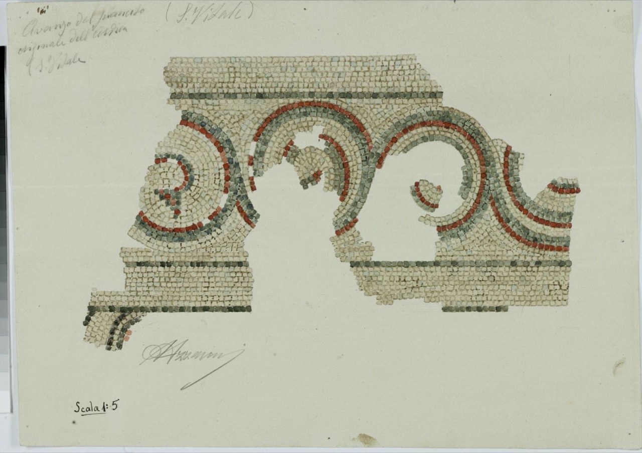 Mosaico pavimentale, avanzi di pavimento dell'ardica della basilica di San Vitale di Ravenna (disegno architettonico) di Azzaroni Alessandro (attribuito) (prima metà XX)
