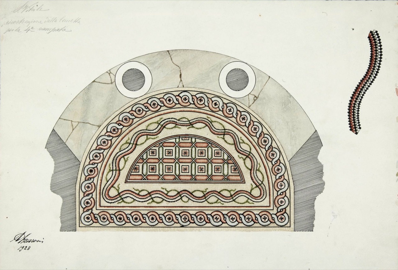 Ricostruzione della lunetta per la quarta campata della basilica di San Vitale di Ravenna (disegno architettonico, serie) di Azzaroni Alessandro (attribuito) (secondo quarto XX)