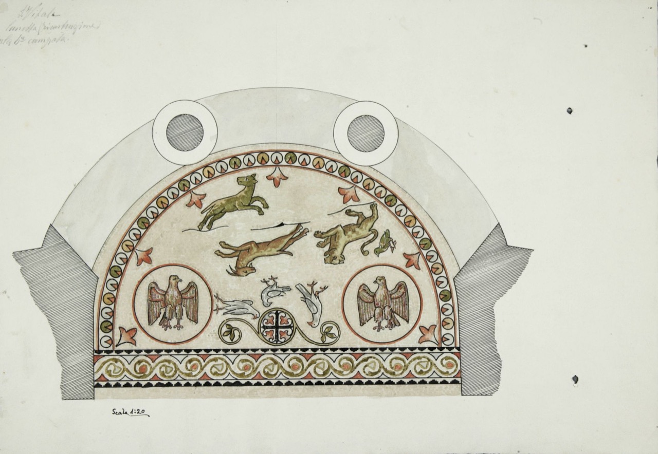 Ricostruzione della lunetta per la sesta campata della basilica di San Vitale di Ravenna (disegno architettonico, serie) di Azzaroni Alessandro (attribuito) (secondo quarto XX)