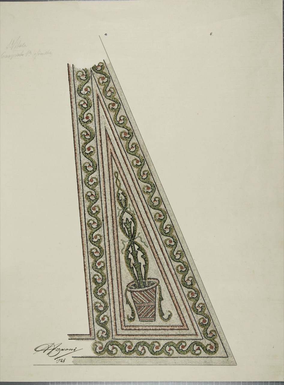 Ricostruzione di mosaico pavimentale della prima campata della basilica di San Vitale di Ravenna (disegno architettonico, serie) di Azzaroni Alessandro (attribuito) (secondo quarto XX)