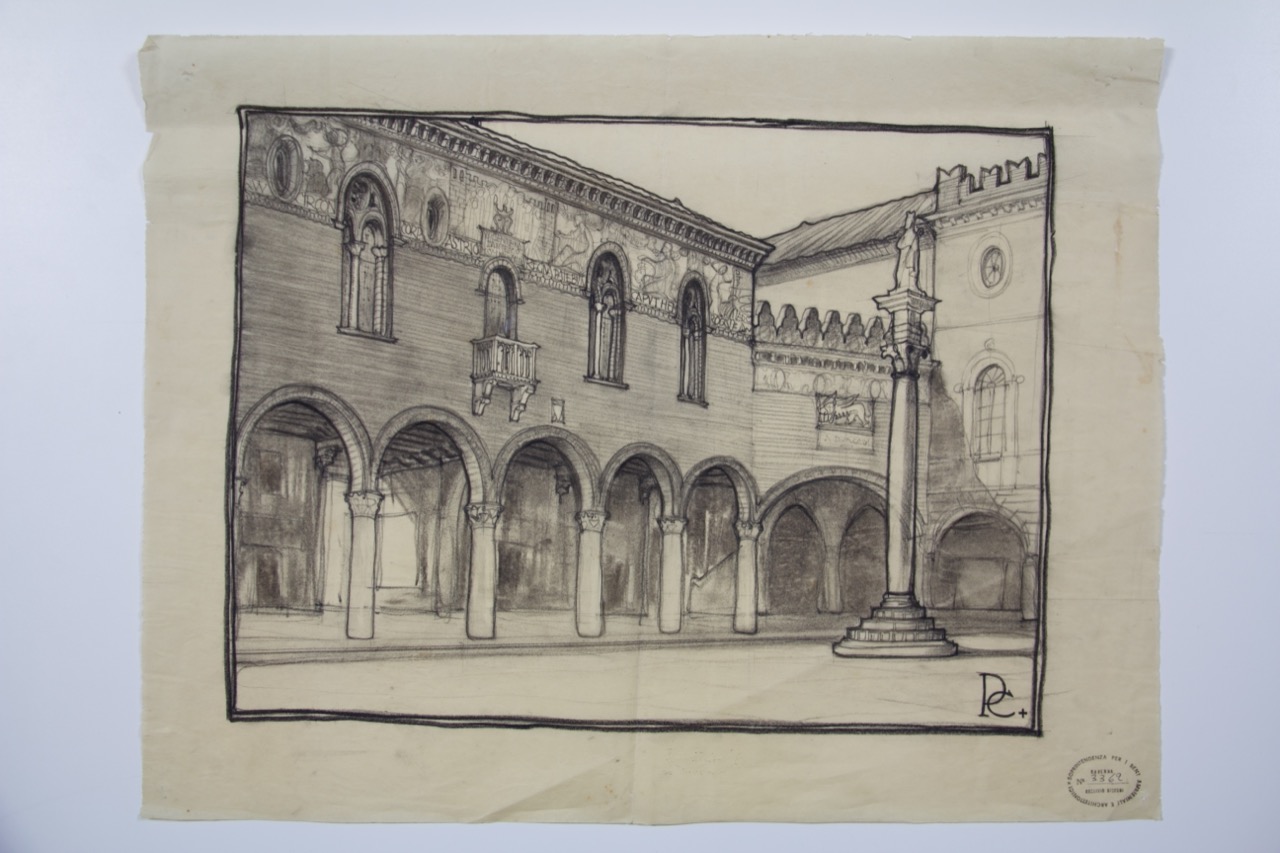 Veduta prospettica del Palazzo Comunale di Ravenna (disegno architettonico, serie) di Polli, Carlo (attribuito) (prima metà XX)