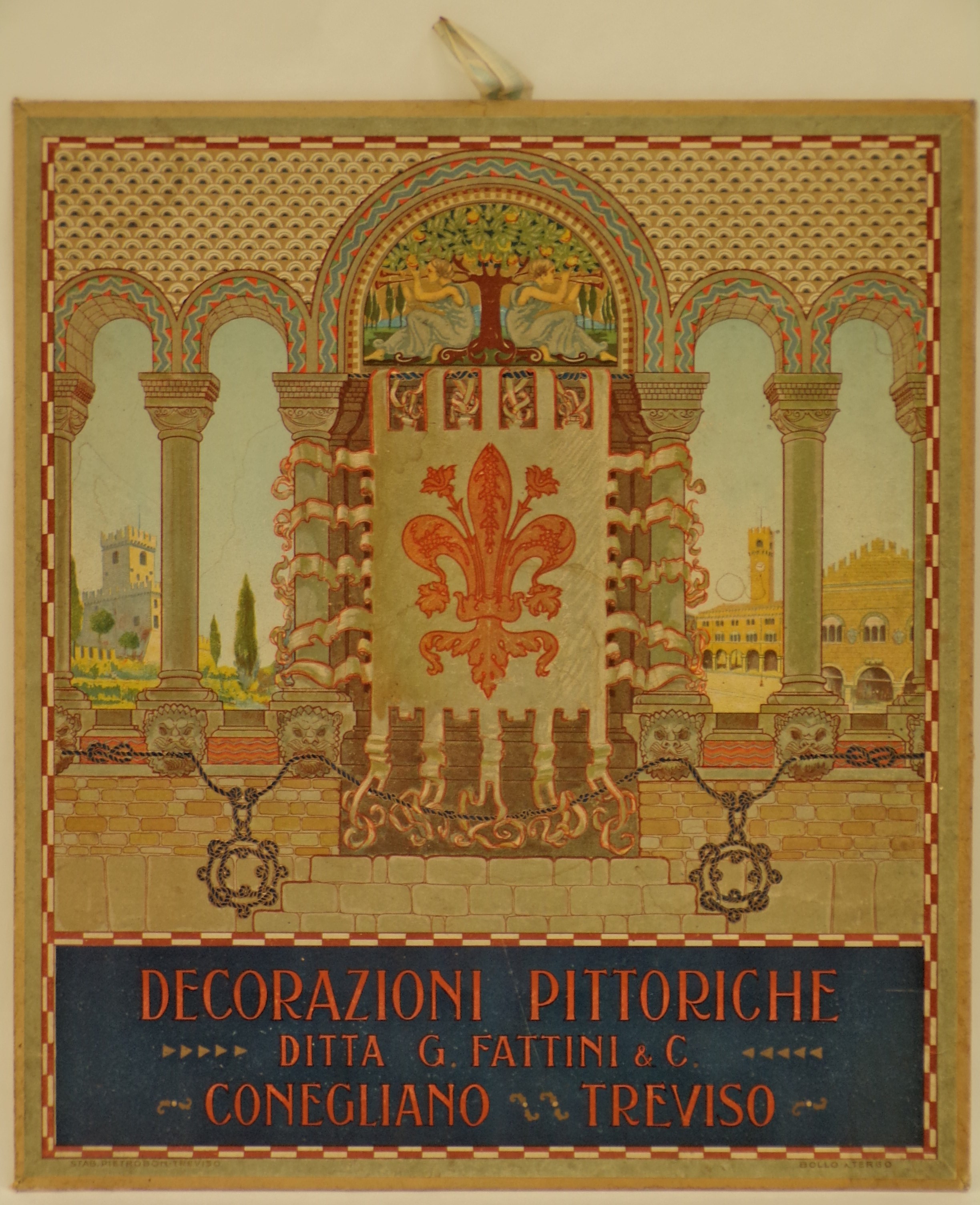 Decorazioni pitoriche ditta G. Fattini & C, Interno neoromanico con stendardo, bifore e lunetta decorata con raffigurazione di suonatori di cennamelle sotto albero frondoso. Dalle finestre, vedute della rocca di Conegliano e di piazza dei Signori a Treviso (Cartello) - ambito trevigiano (primo quarto XX)