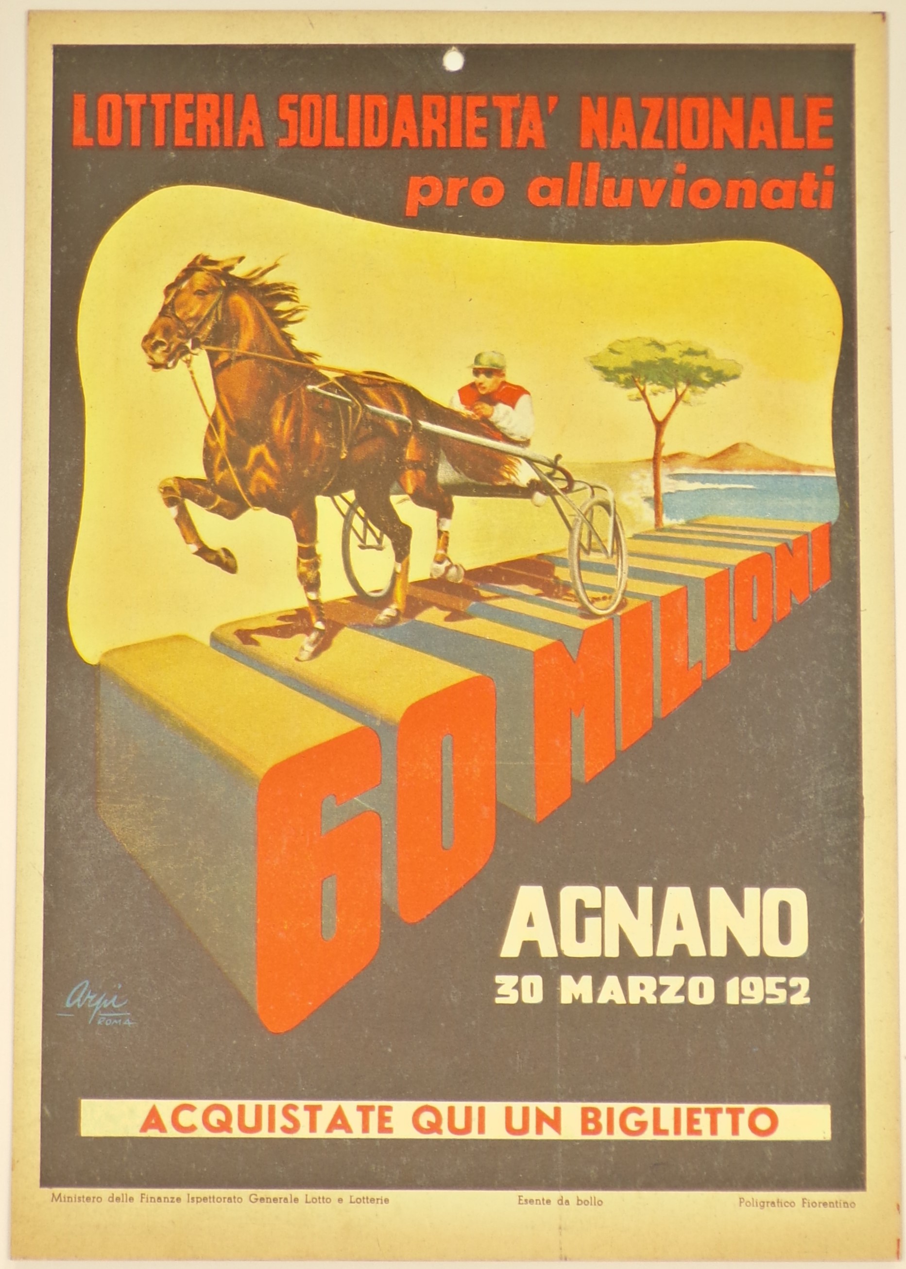 Lotteria Solidarietà Nazionale pro alluvionati, Fantino in corsa su carro a due ruote (locandina) di Arpi - ambito napoletano (metà XX)