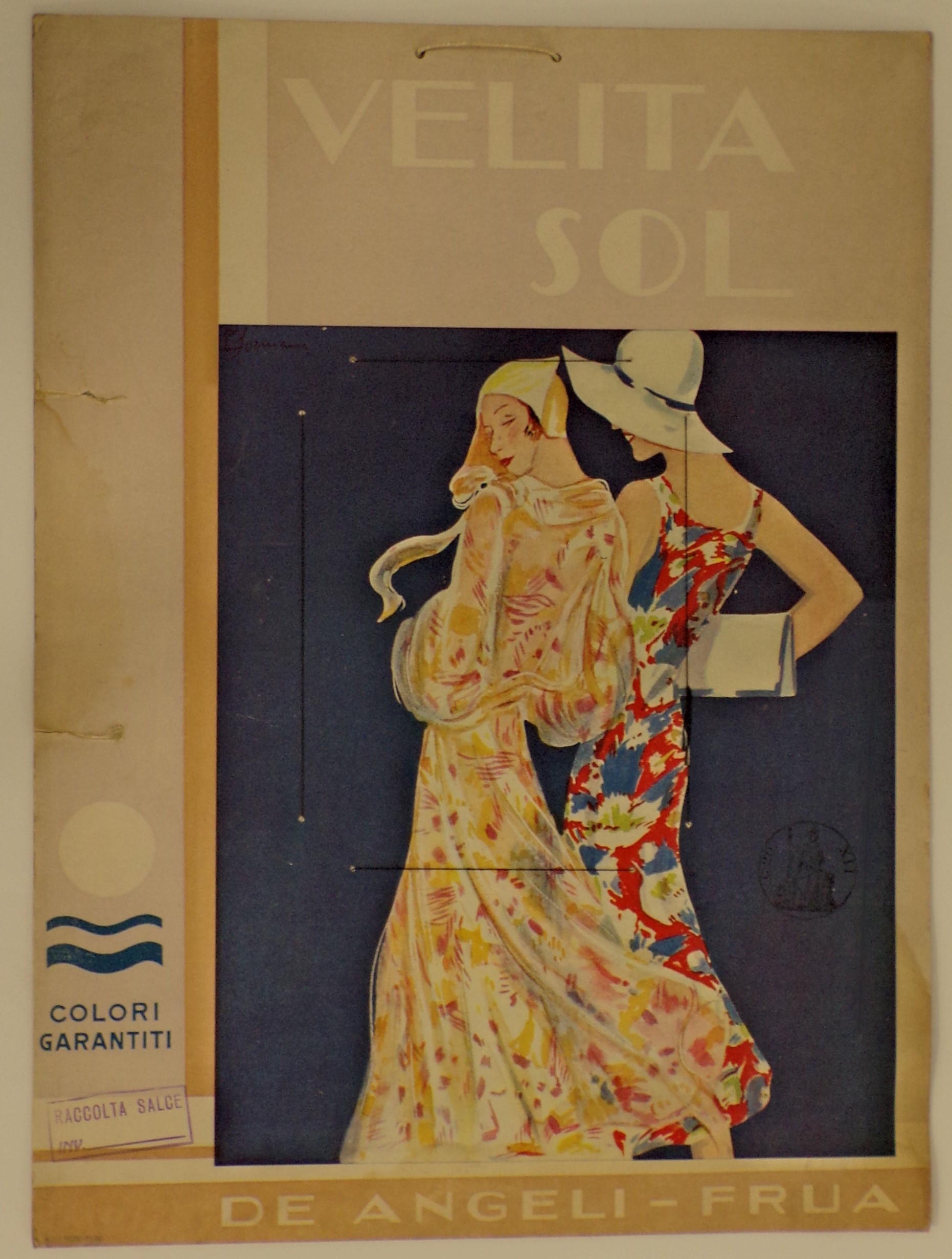 Velita Sol, Due donne a passeggio in abiti stampati con cappelli ann '30 (locandina) di Sormani Ester - ambito milanese (secondo quarto XX)