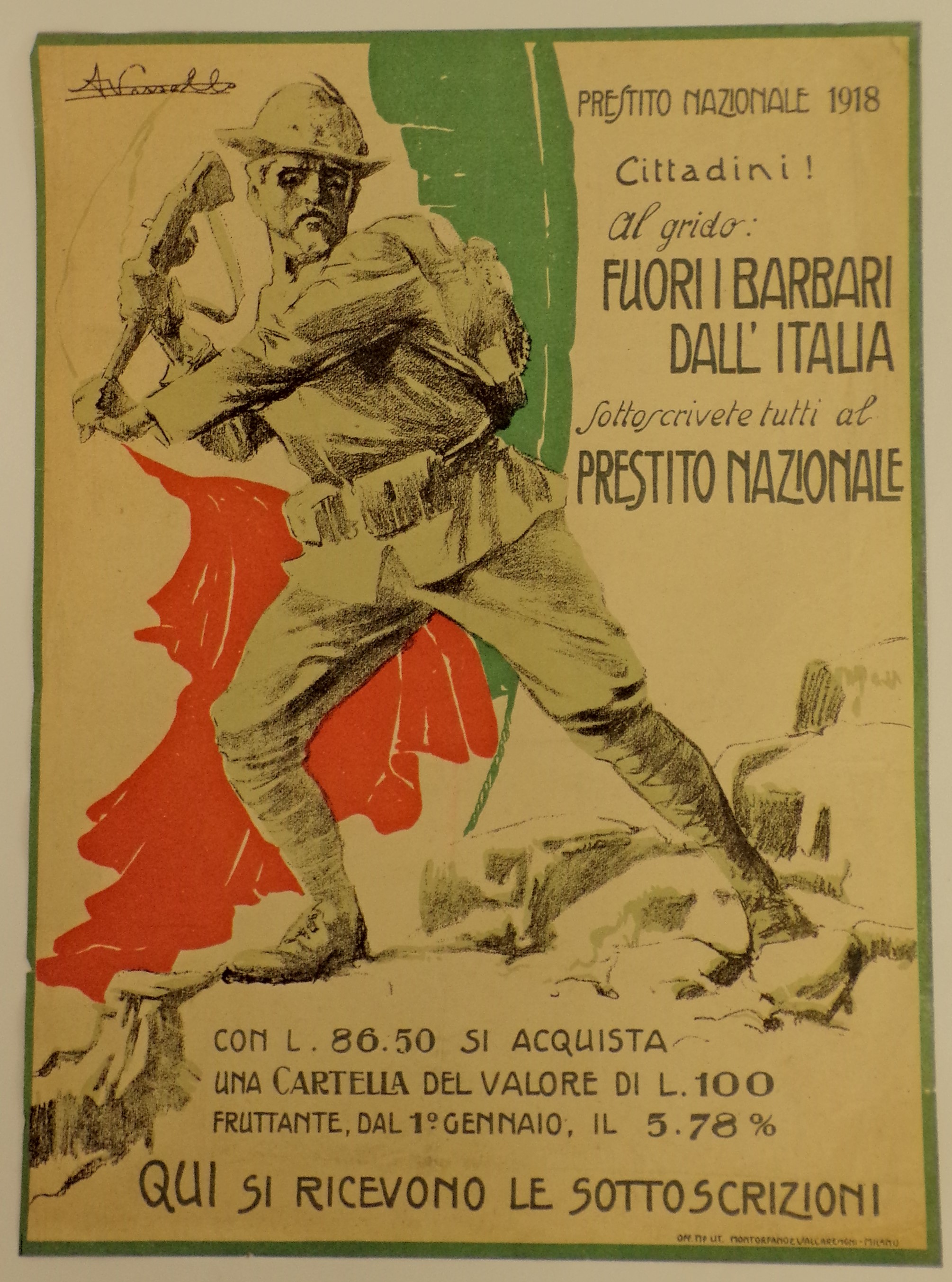 Prestito nazionale 1918, Sullo sfondo di una bandiera italiana, un alpino in montagna brandisce un fucile come fosse una clava contro il nemico (locandina) di Vassallo Armando - ambito milanese (primo quarto XX)