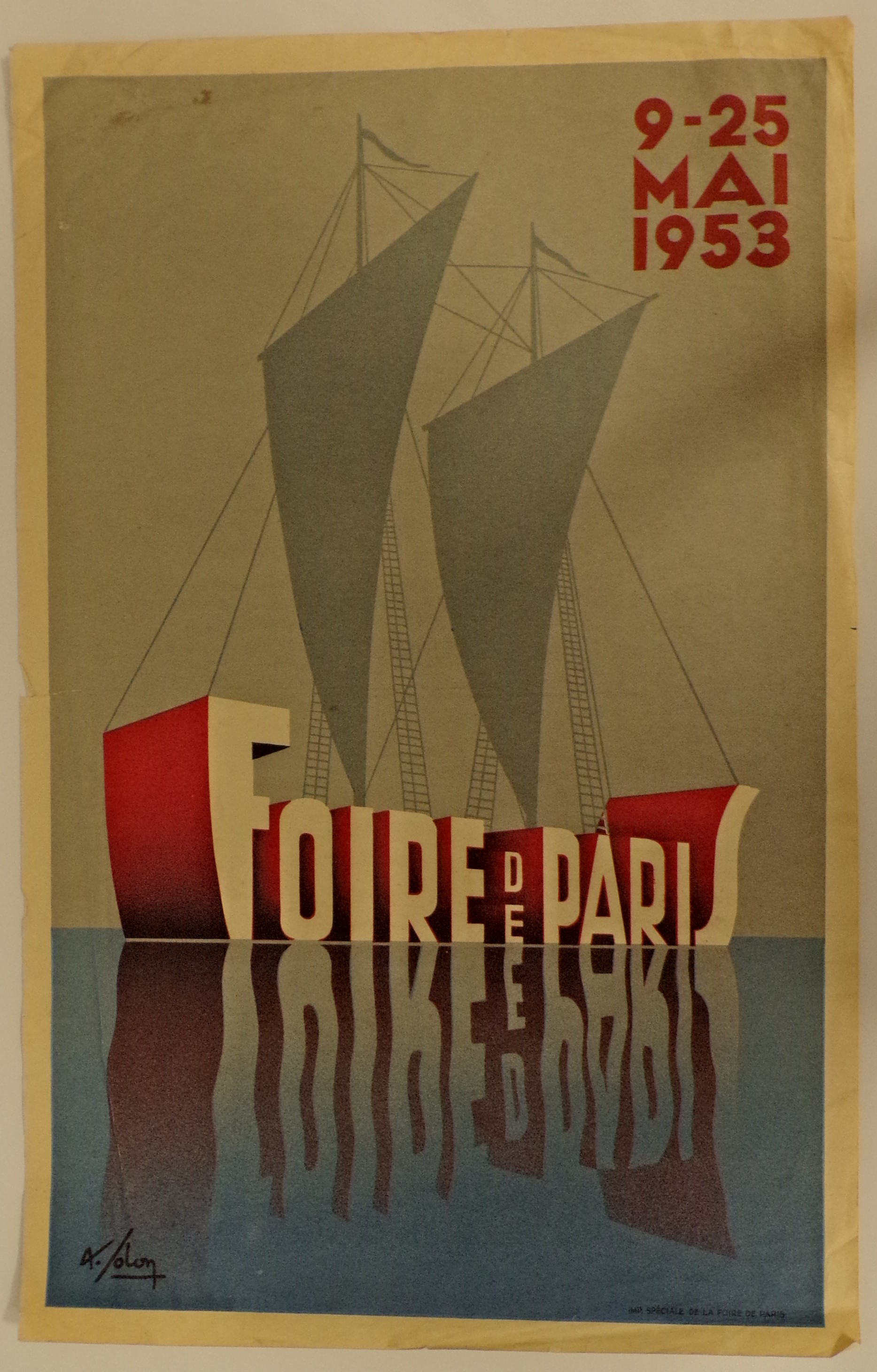 Foire de Paris, Iscrizione a caratteri tridimensionali "Foire de Paris" a comporre idealmente lo scafo di un veliero (locandina) di Solon Albert - ambito parigino (metà XX)