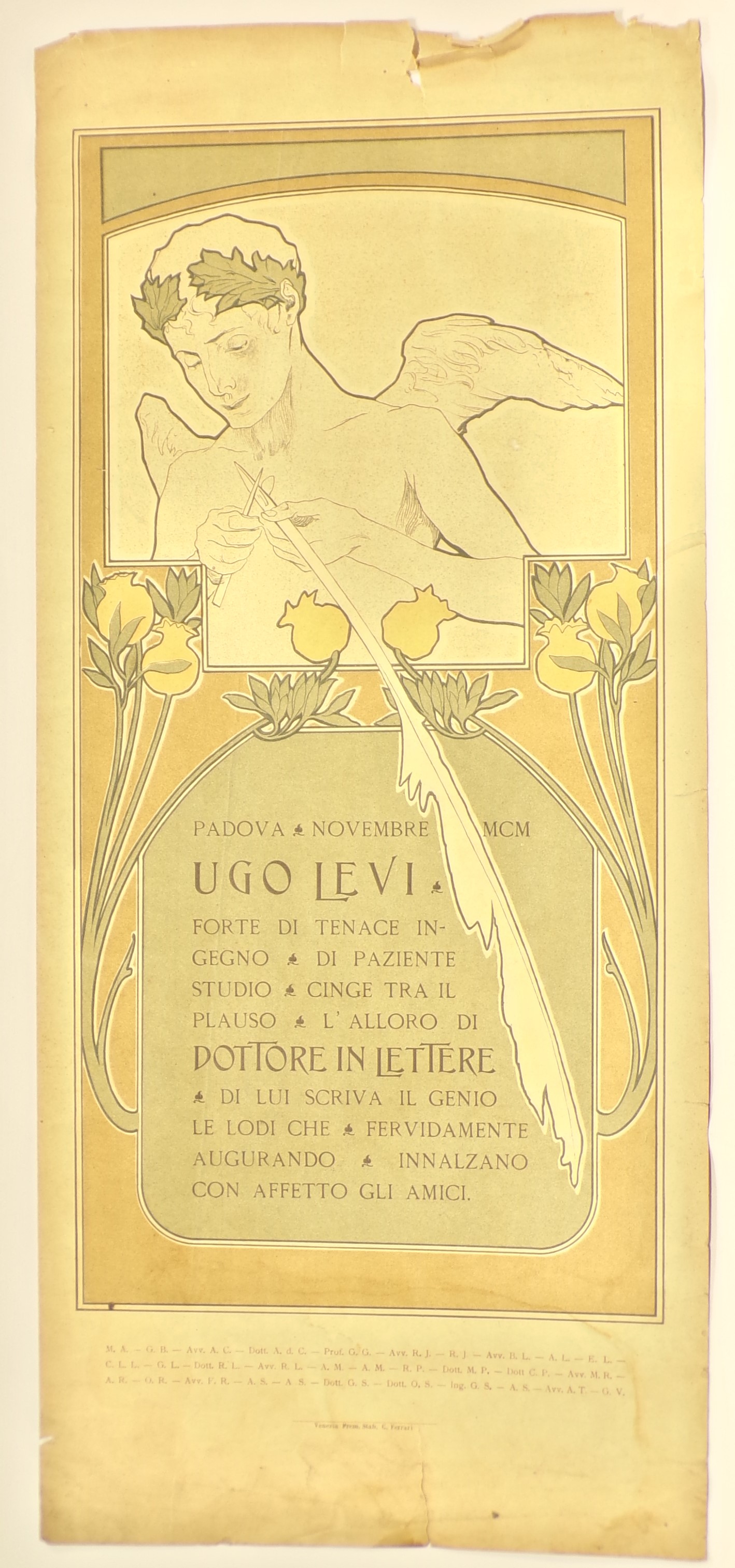 Ugo Levi dottore in lettere, Entro finestra mistilinea, genio della Fama affila il calamo. In basso, motifi decorativi floreali liberty (locandina) - ambito veneziano (inizio XX)
