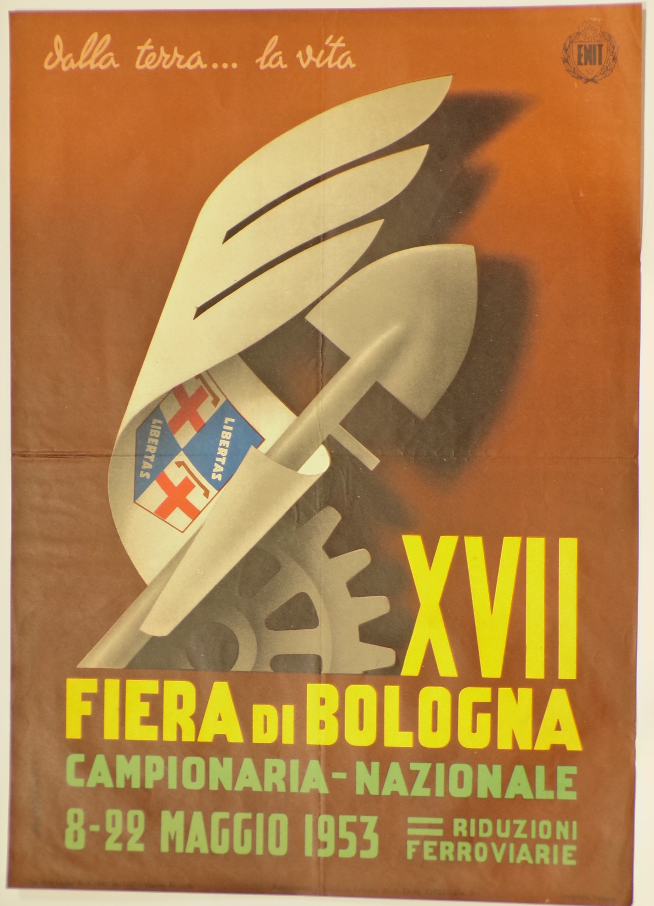 XVII fiera di Bologna, Ruota dentata, badle e cartiglio terminante ad ala con stemma del comune di Bologna sovraimpresso (locandina) di Adriani Emidio - ambito bolognese (metà XX)