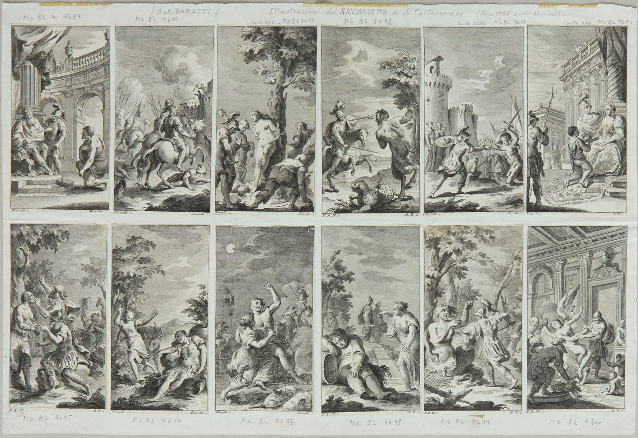 Orlando e Rinaldo torturano Ferraù alla presenza di Almerina (stampa tagliata) di Baratti Antonio, Novelli Pietro Antonio - ambito veneziano (XVIII)