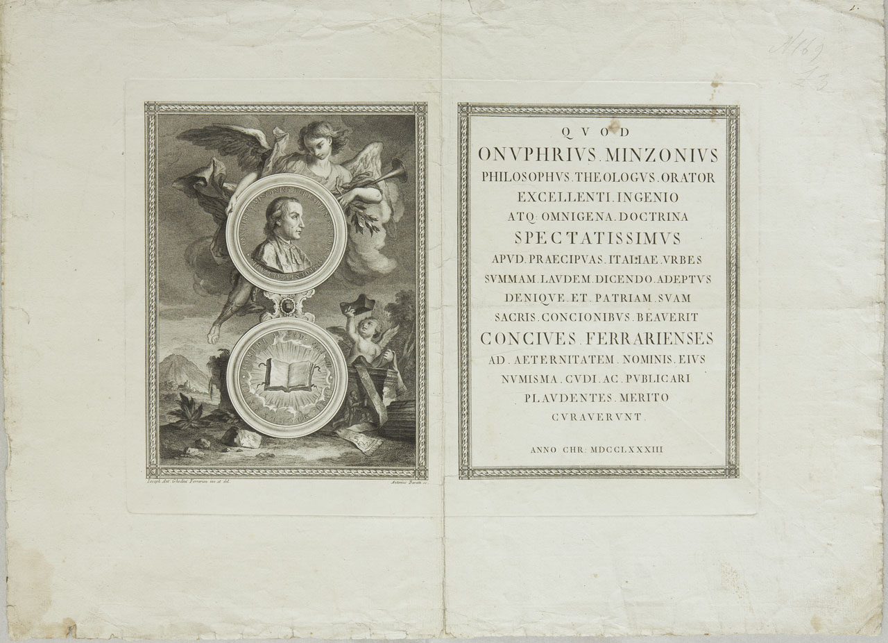 Medaglia ed epigrafe celebrative di Onofrio Minzoni (stampa) di Baratti Antonio, Ghedini Giuseppe Antonio - ambito veneto (XVIII)
