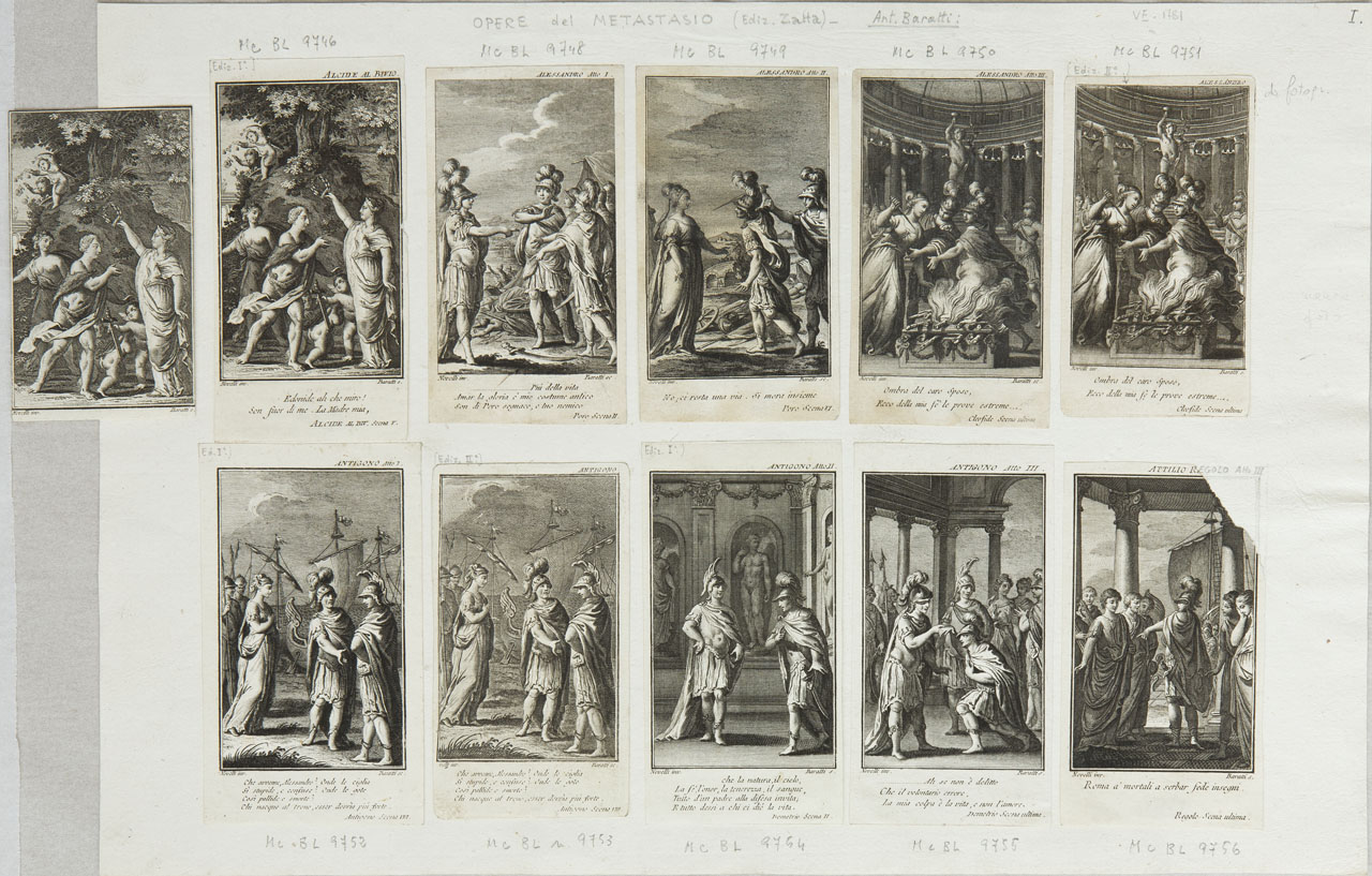 Alessandro Magno e Poro, re indiano, trattengono la regina Cleofide dal suicidarsi (stampa tagliata) di Baratti Antonio, Novelli Pietro Antonio - ambito veneziano (XVIII)