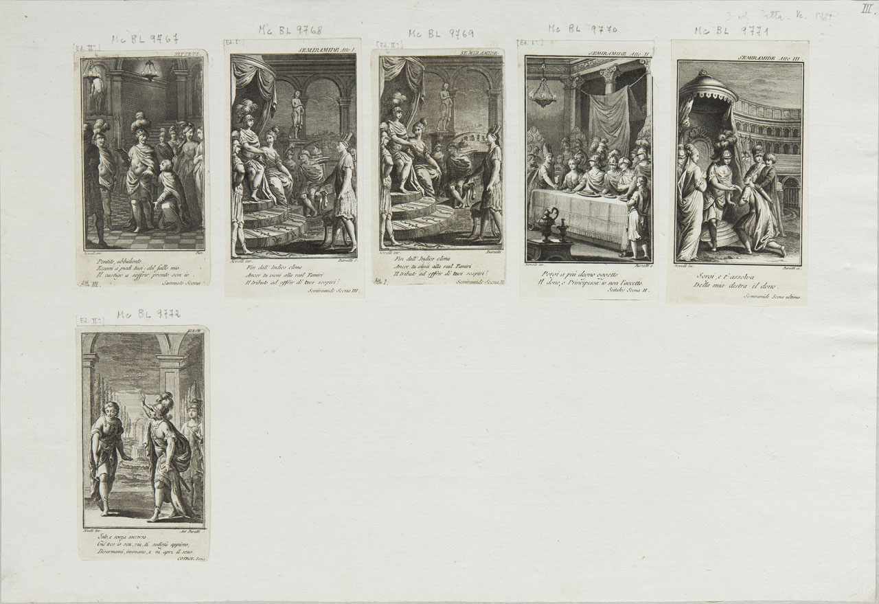 La regina Semiramide, vestita da uomo, accoglie Scitalce principe dell'India (stampa tagliata) di Baratti Antonio, Novelli Pietro Antonio - ambito veneziano (XVIII)