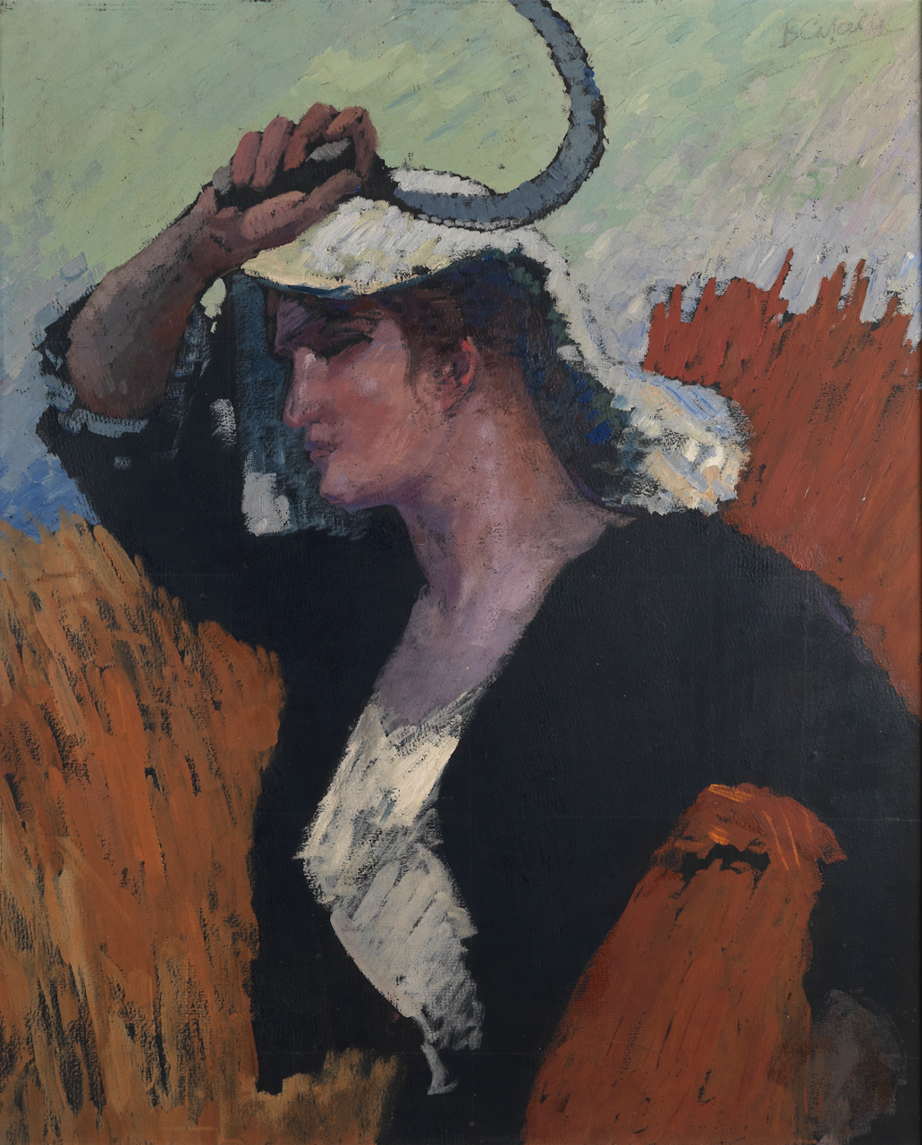 Contadina con falce, figura femminile a mezzo busto (dipinto) di Cascella Basilio (primo quarto XX)