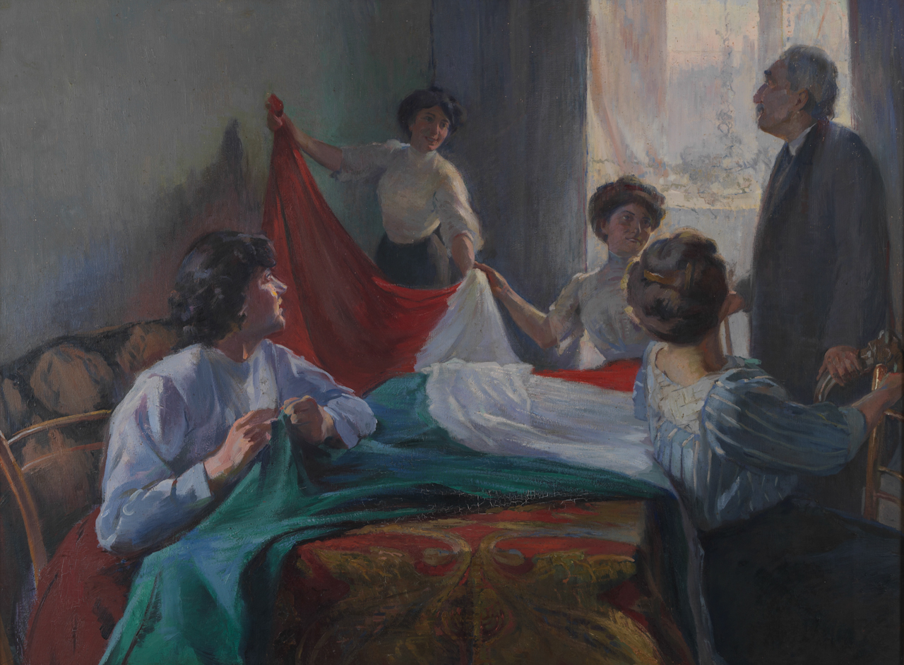 La preparazione della bandiera, donne che cuciono una bandiera (dipinto) di Averardi Cesare (inizio XX)