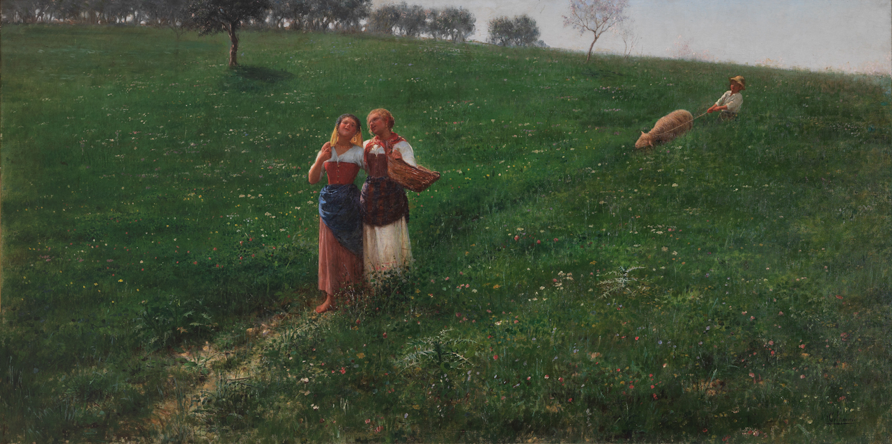 Primavera, scena campestre con figure (dipinto) di Celommi Pasquale (fine/ inizio XIX-XX)