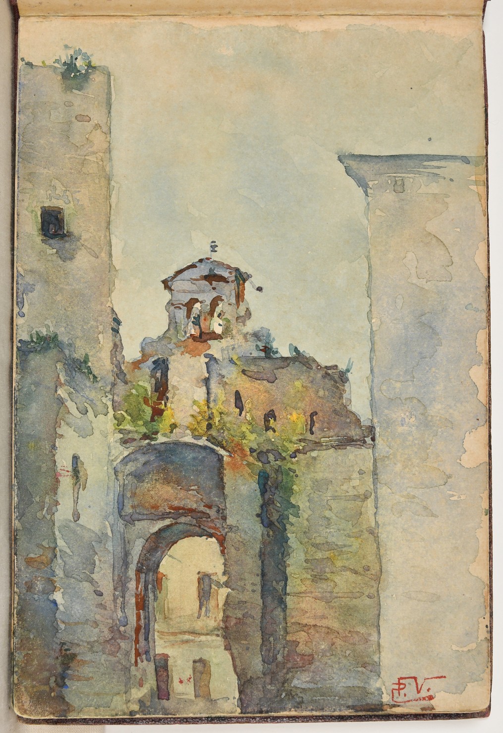 veduta della torre Salivano del Castello di Bassano del Grappa (disegno, elemento d'insieme) di Pierangelo Villani (primo quarto XX)