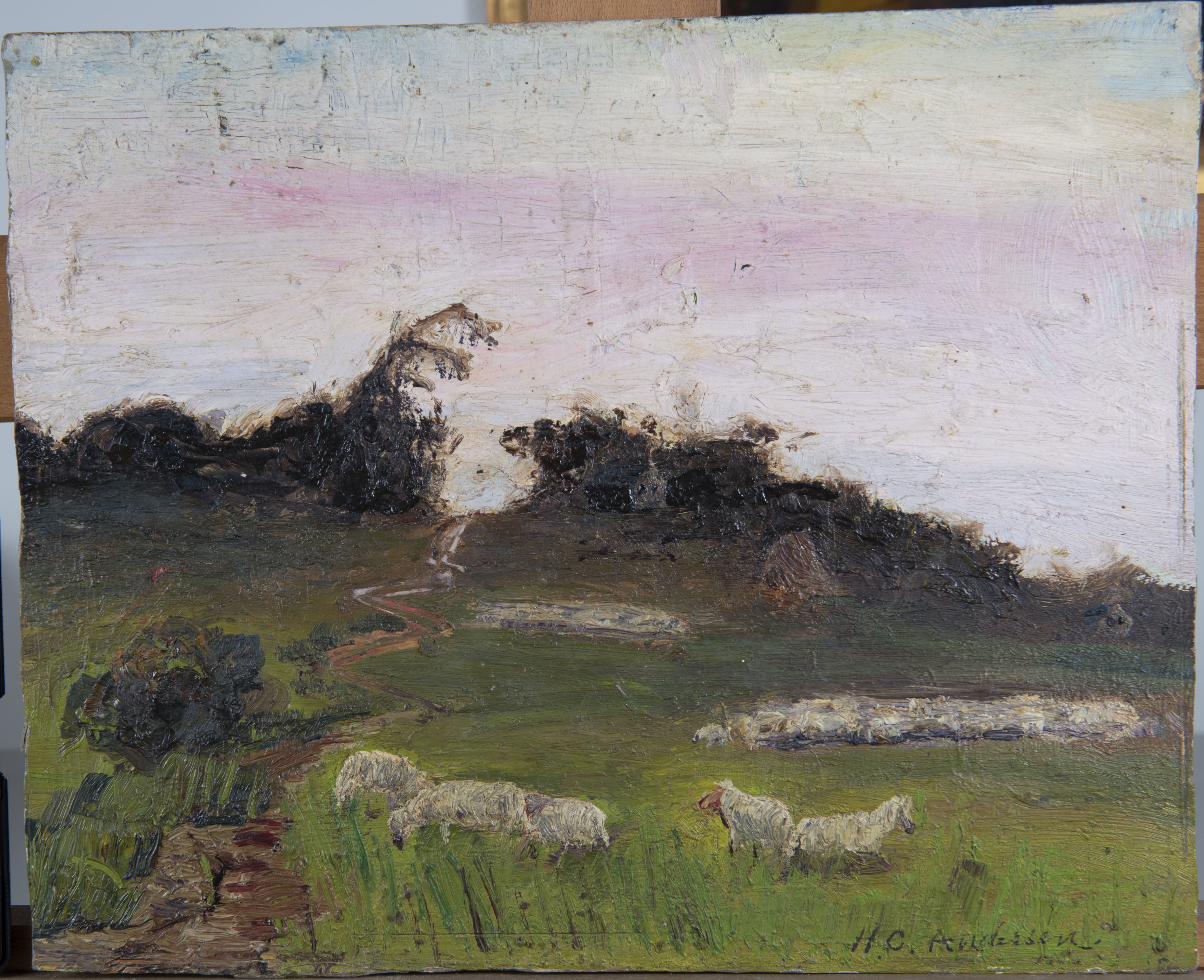 Paesaggio campestre con pecore, Paesaggio campestre con pecore (dipinto, opera isolata) di Hendrik Christian Andersen (laboratorio) - ambito italiano (fine XIX)