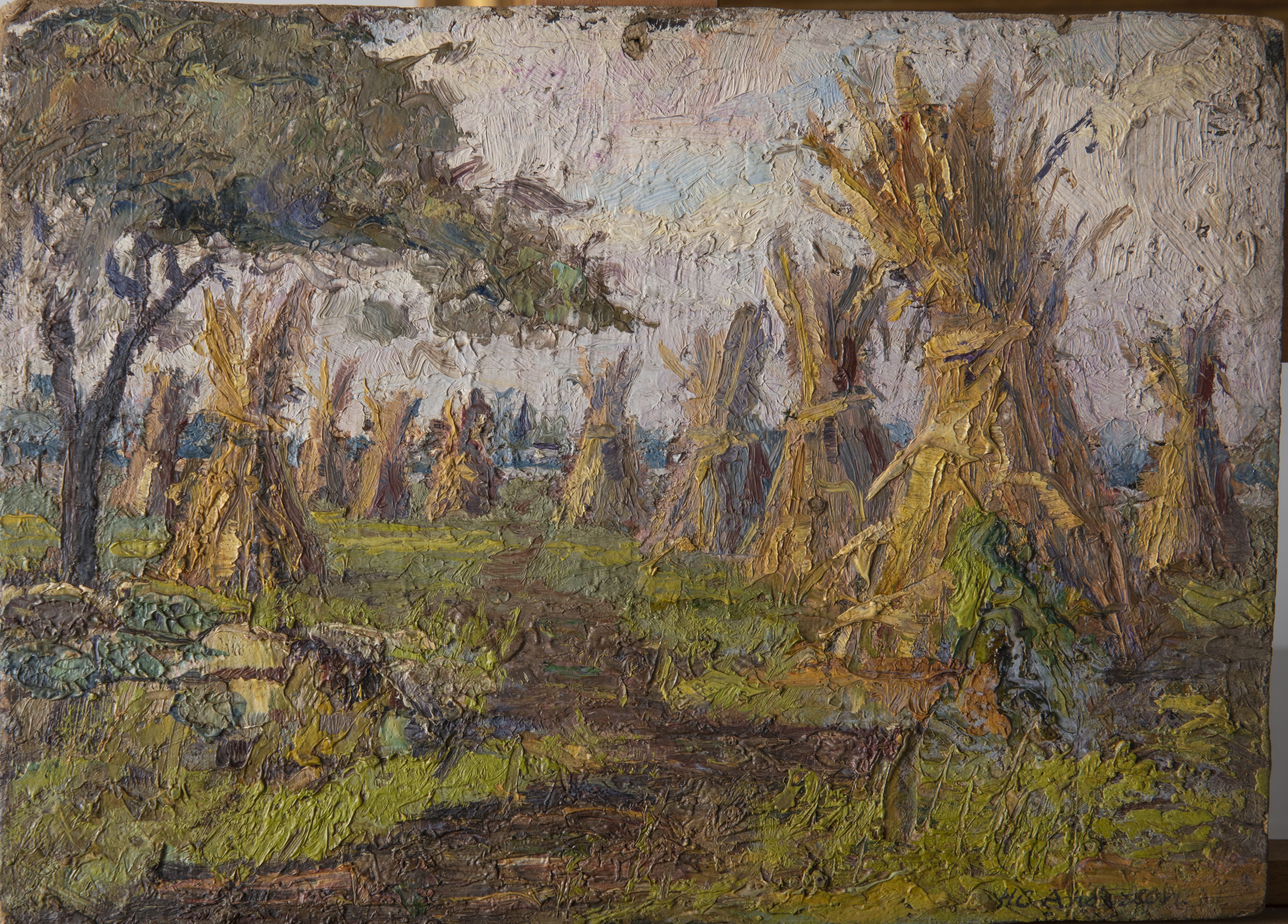 Paesaggio campestre con covoni di grano, Paesaggio campestre (dipinto, ciclo) di Hendrik Christian Andersen (laboratorio) - ambito italiano (fine XIX)