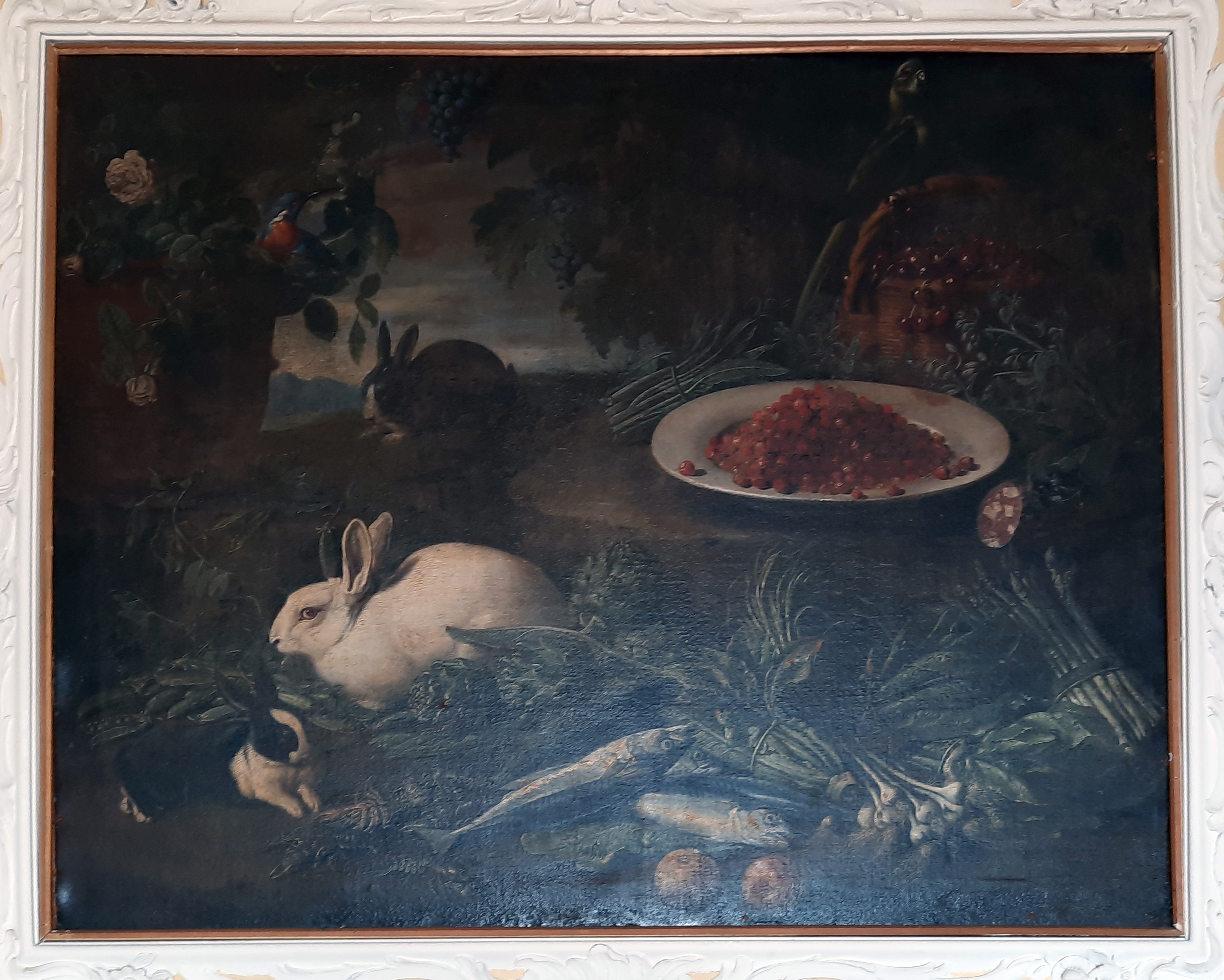 Natura morta con conigli, pesci, uccelli e verdura (dipinto, opera isolata) di Kerckhoven Jacob van der (attribuito) - ambito italiano (XVIII)