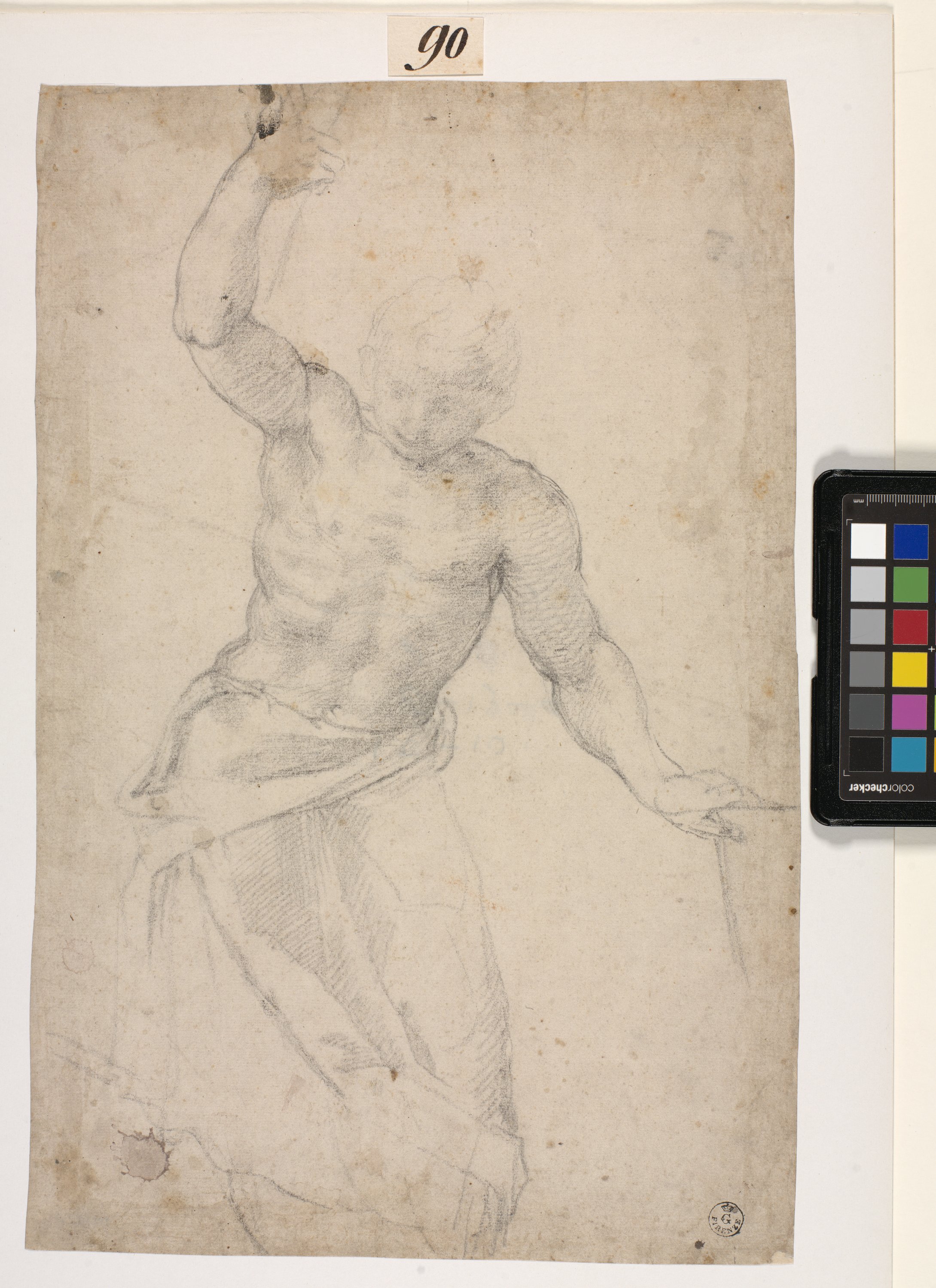 Studio di fanciullo seminudo in piedi con il braccio destro sollevato (disegno) di Allori Alessandro (secondo quarto XVI)