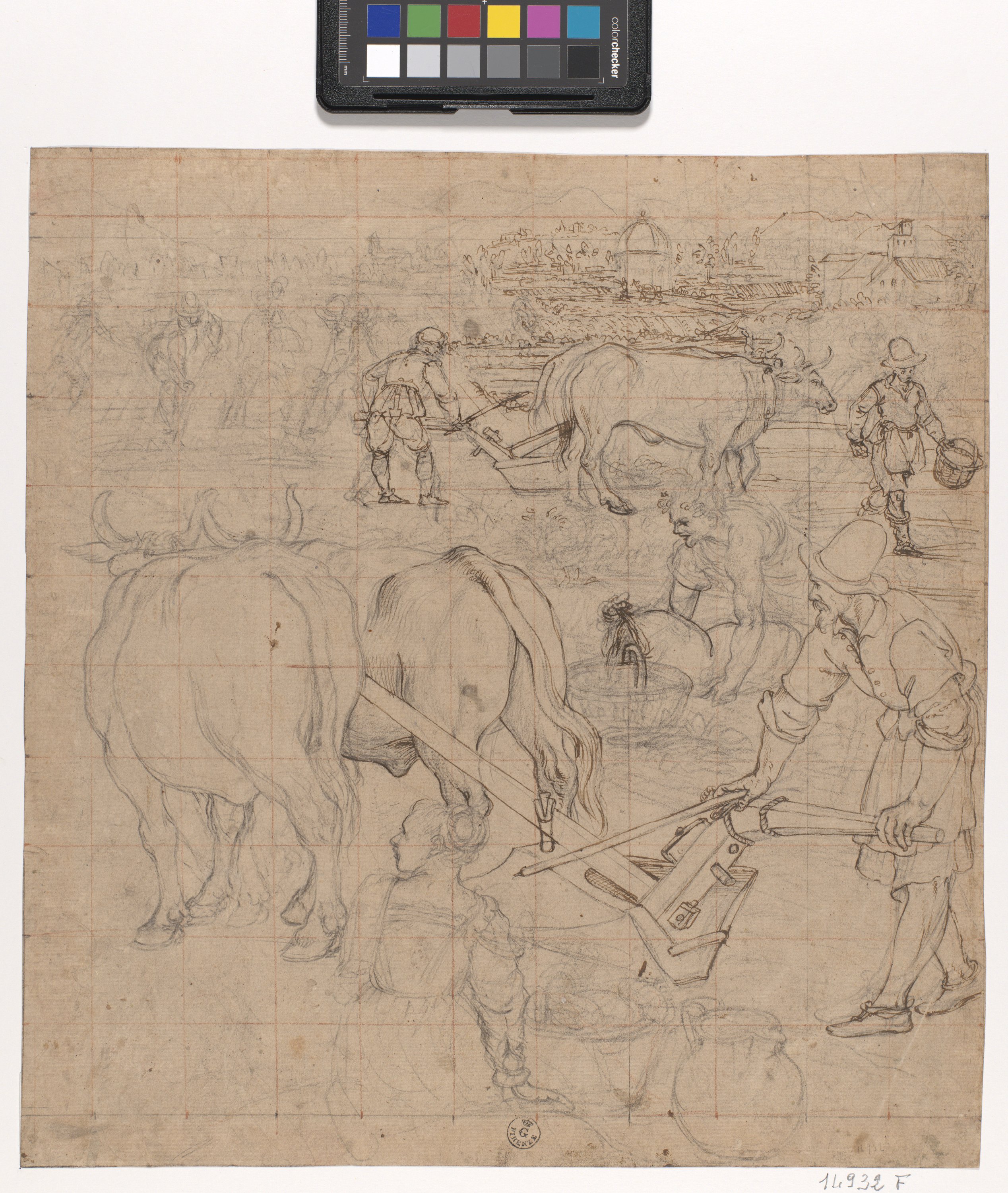 contadini che arano la terra (r.), cavallo di profilo a sinistra (v.) (disegno) di Allori Alessandro (fine XVI)