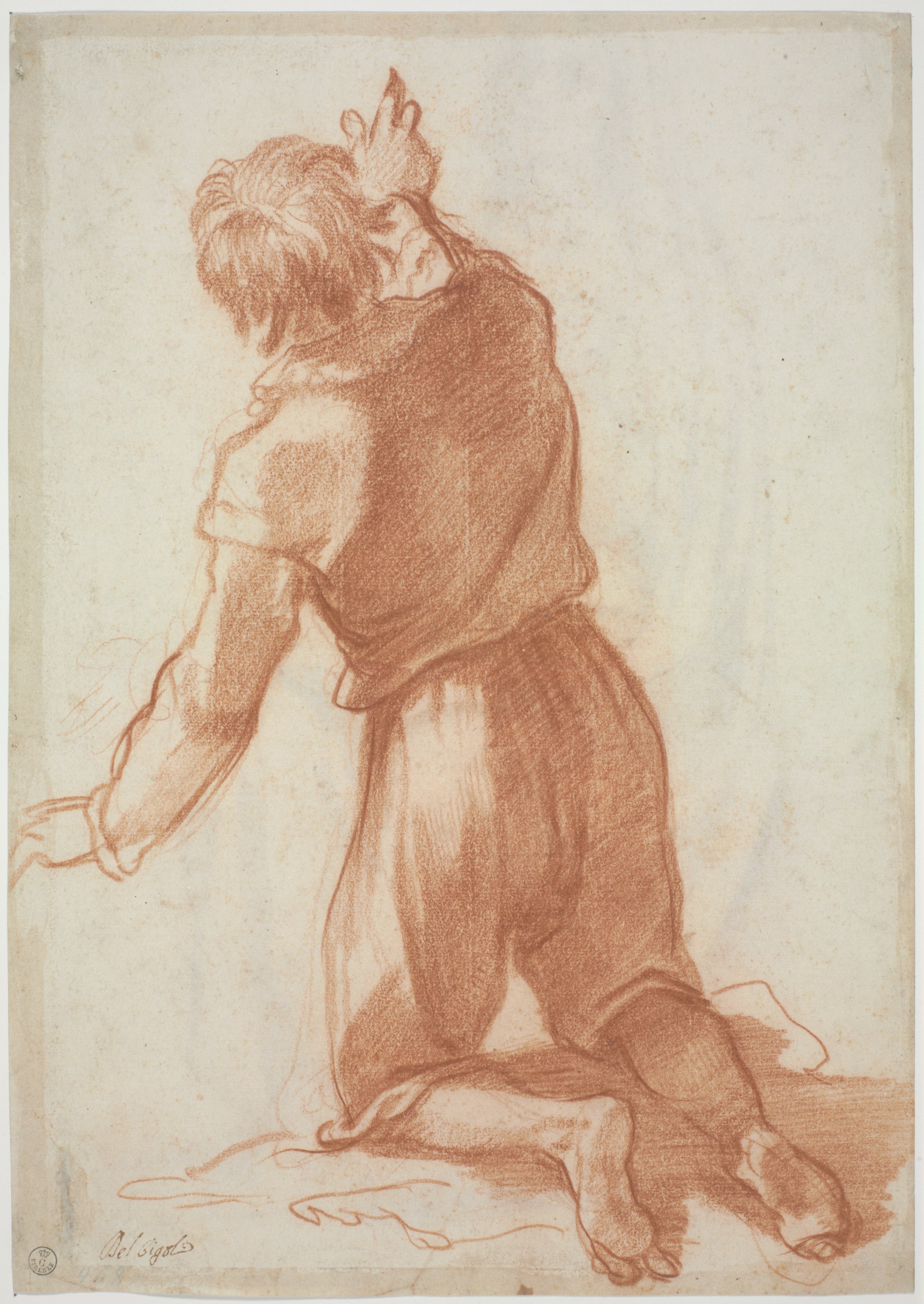 Figura di giovane uomo in ginocchio visto di spalle (r.), Figura femminile ammantata seduta (v.) (disegno) di Cardi Ludovico detto Cigoli (fine/ inizio XVI/ XVII)