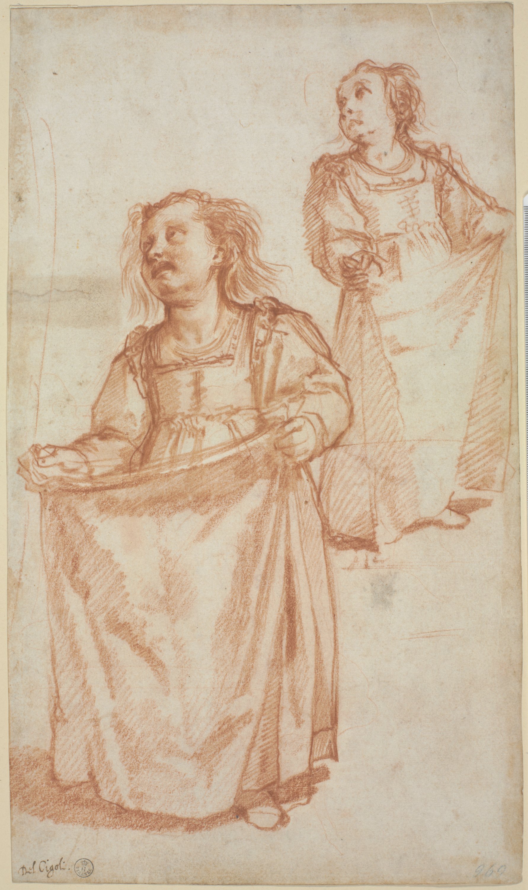 due studi per bambina in piedi con un panno steso davanti a sè (r.), studi geometrici (v.) (disegno) di Cardi Ludovico detto Cigoli (inizio XVII)