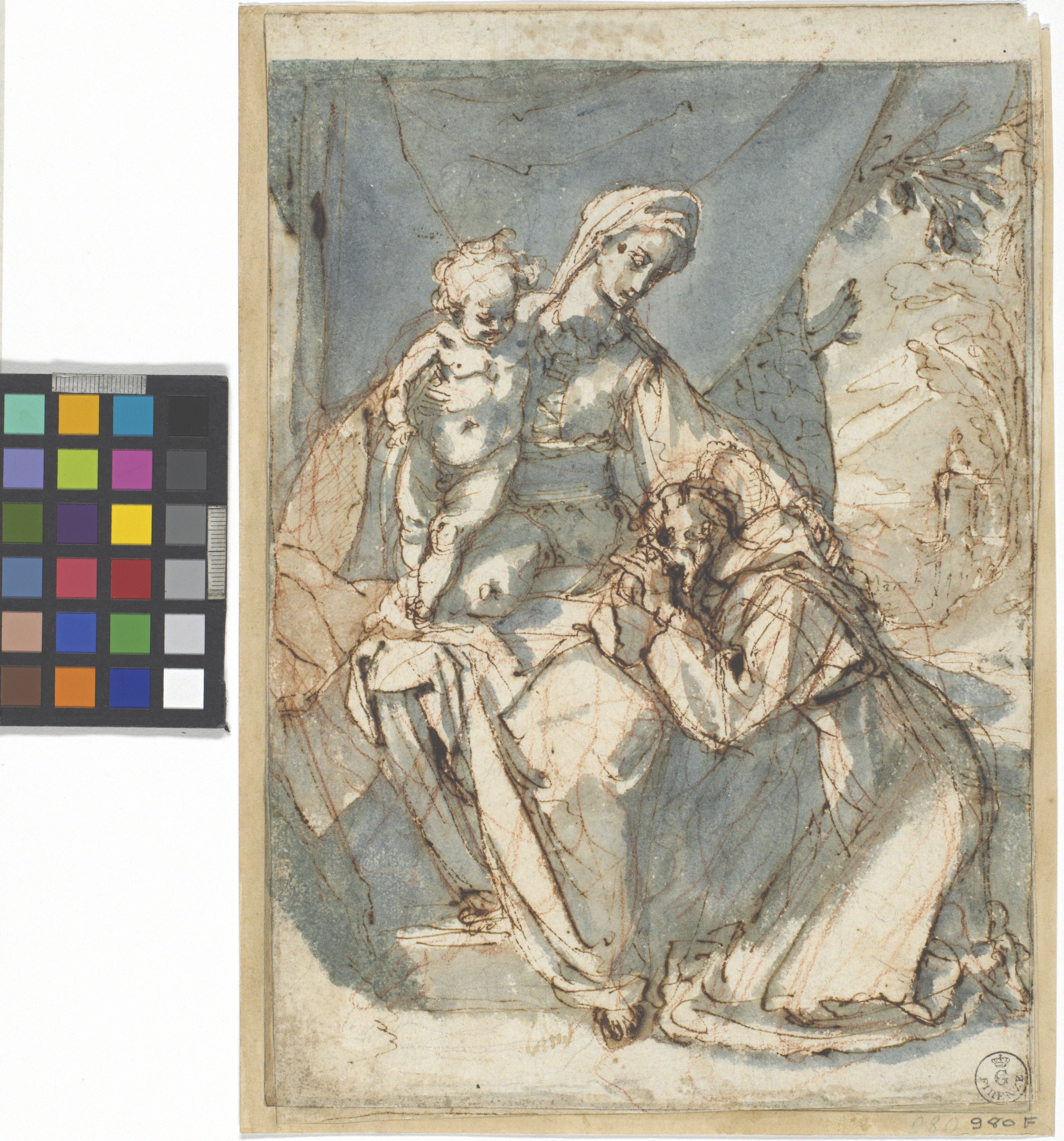 Madonna con Bambino e San Francesco (r.), Vari schizzi di Madonna con Bambino (v.) (disegno) di Cardi Ludovico detto Cigoli (fine/ inizio XVI/ XVII)
