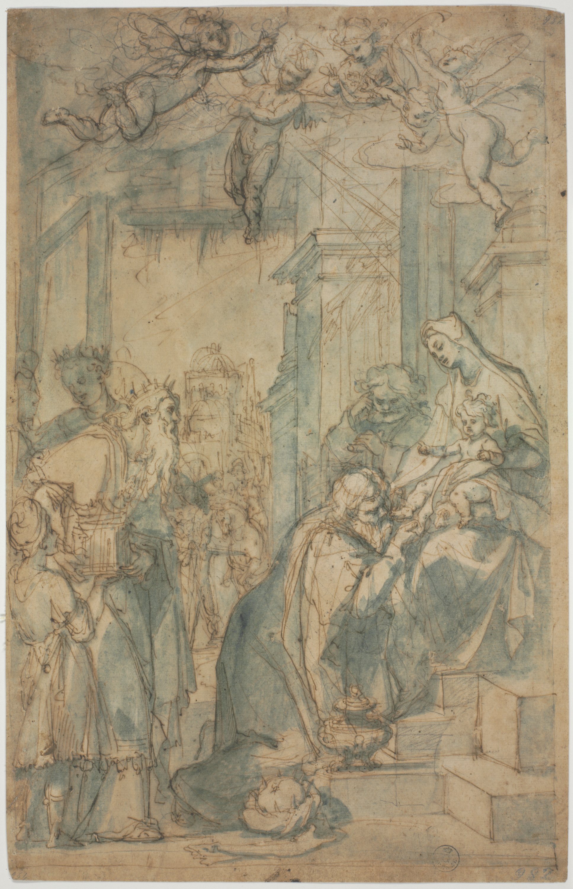 adorazione dei Re Magi (r.), tre schizzi per un angelo in volo (v.) (disegno) di Cardi Ludovico detto Cigoli (inizio XVII)