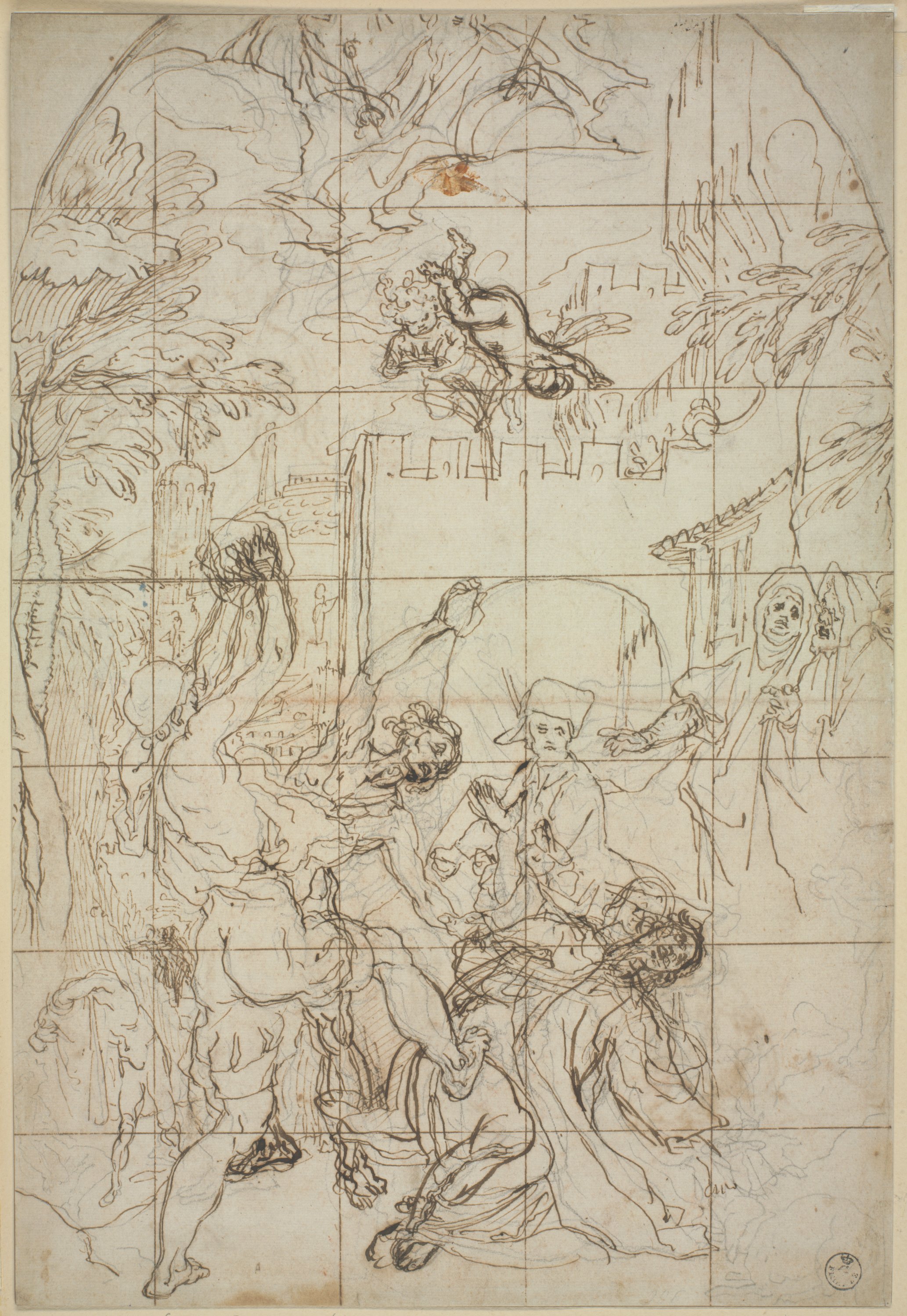 Lapidazione di Santo Stefano (r.), Vari schizzi per lo stesso soggetto e pianta architettonico (v.) (disegno) di Cardi Ludovico detto Cigoli (fine XVI)
