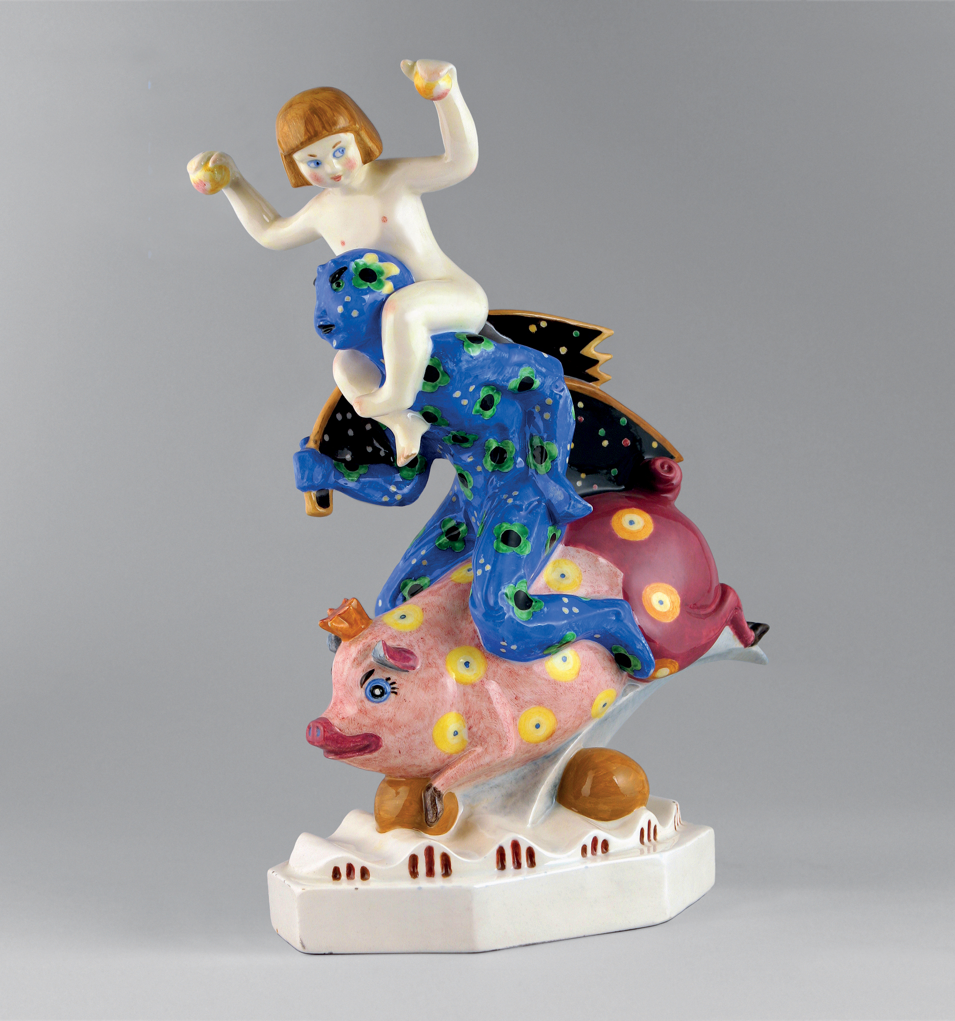 Maialetto, Un maialino, una creatura di fantasia e una bambina (scultura) di Sturani Mario, Fabbrica Lenci (anni venti sec. XX)