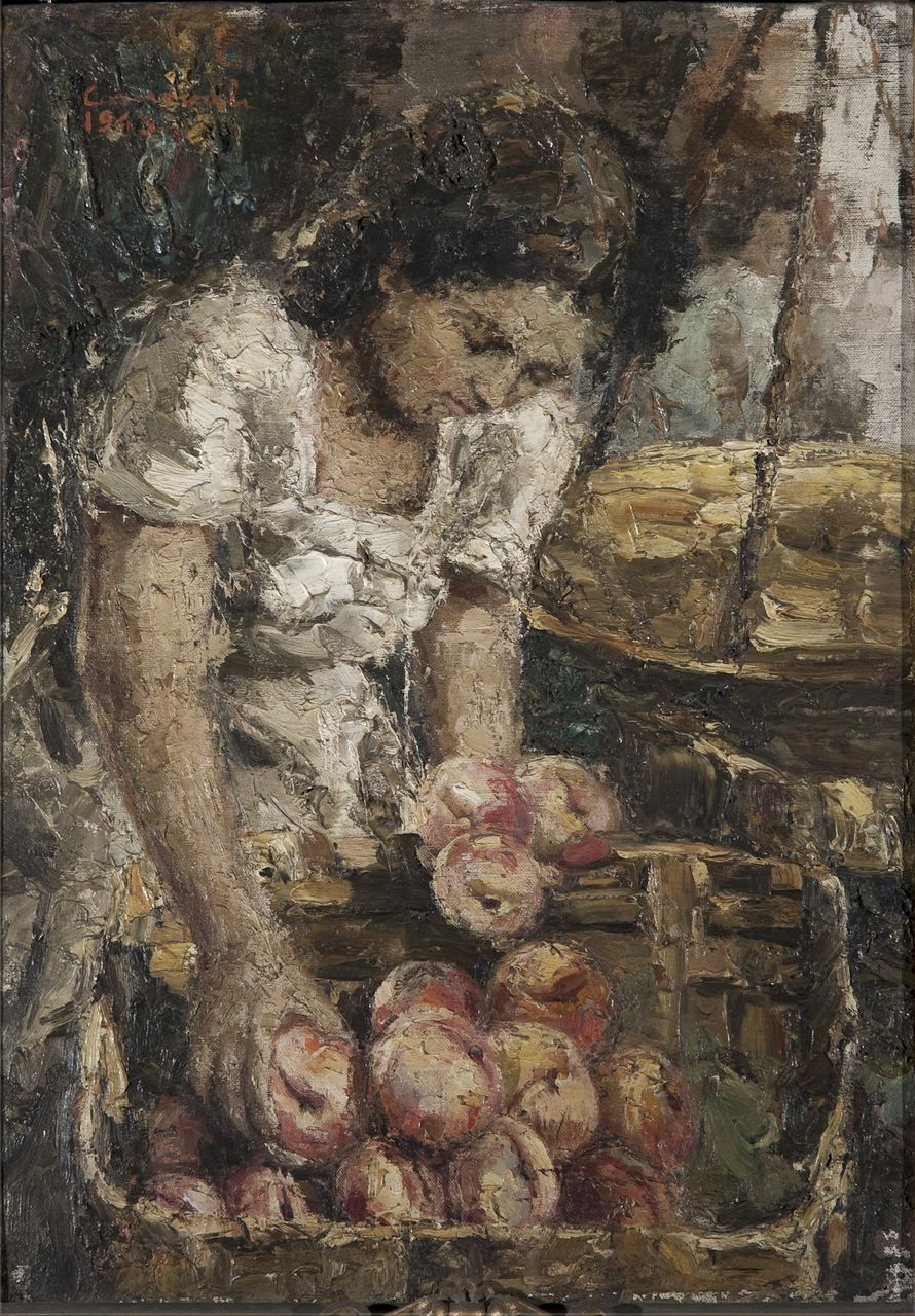 Venditrice di pesche, fruttivendola con cesta di pesche (dipinto) di Carnevali (sec. XX)
