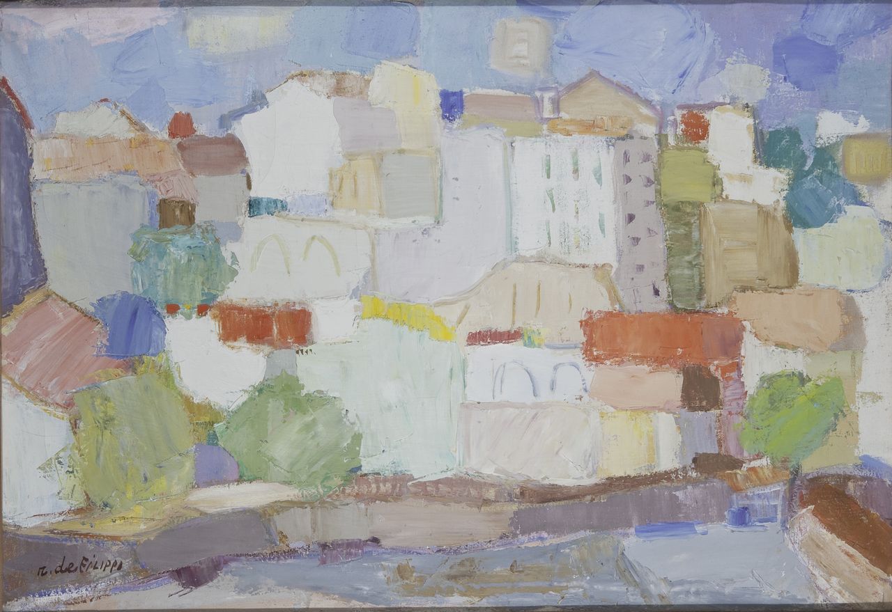 Paesaggio, paesaggio con case (dipinto) di De Filippo Romano (sec. XX)