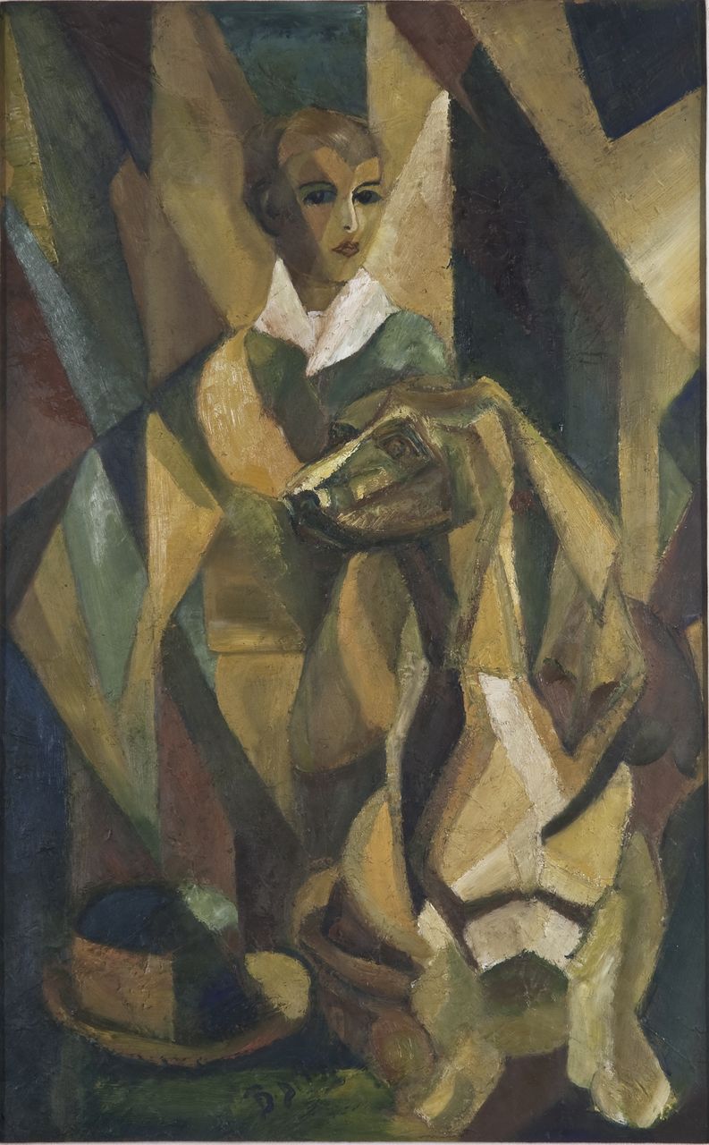 Prima della caccia, figura femminile con un cane (dipinto) di Di Pippo Bruno (sec. XX)