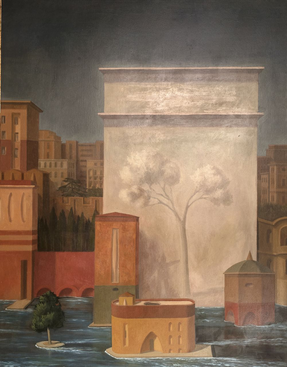 Voler sentir pensando II, veduta con un monumento (dipinto) di Fiorentino Paolo (sec. XX)