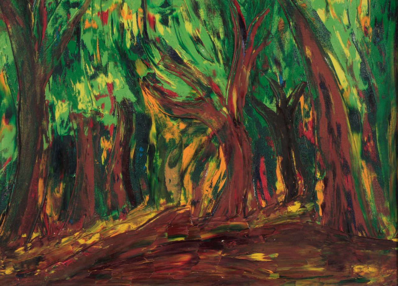 Nel bosco, paesaggio boschivo (dipinto) di Girotti Franco (sec. XX)