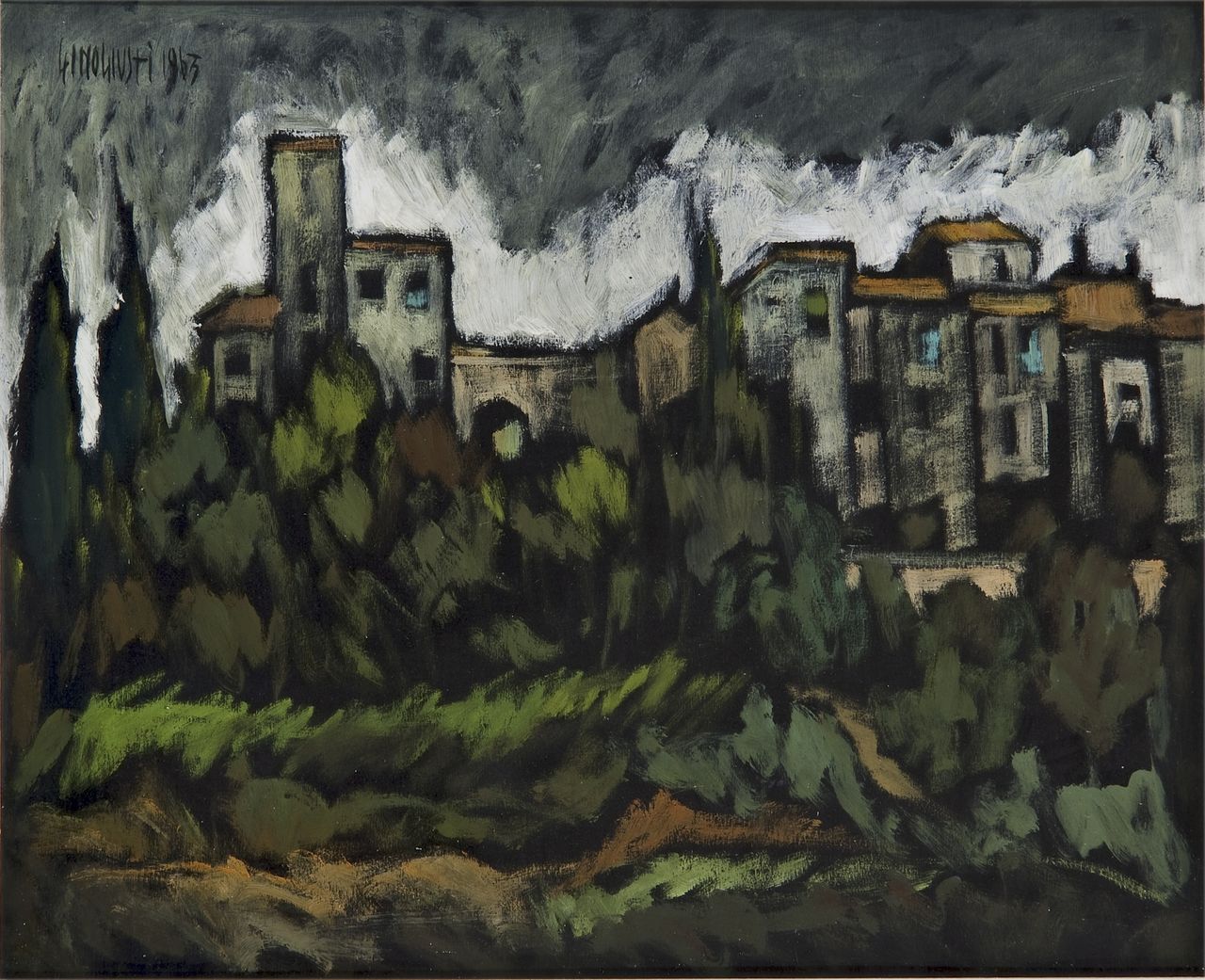 Vecchio borgo (Colle Val d'Elsa), veduta del Colle di Val d'Elsa (dipinto) di Giusti Gino (sec. XX)