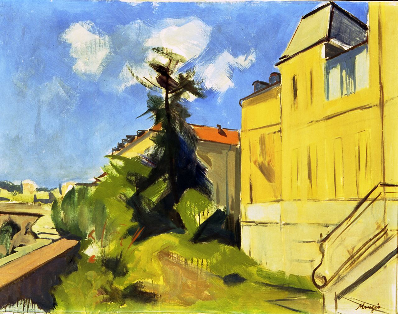 Paesaggio con casa gialla, paesaggio (dipinto) di Menzio, Francesco (sec. XX)