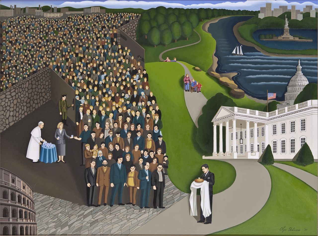 Esodo dei perseguitati religiosi dalla Russia negli Stati Uniti attraverso l'Italia, episodio storico (dipinto) di Golovina Olga (sec. XXI)