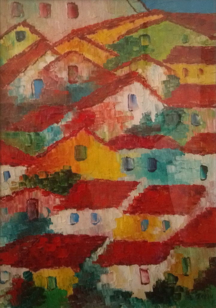 Paesaggio, paesaggio con case (dipinto) di Maven Lola (terzo quarto sec. XX)