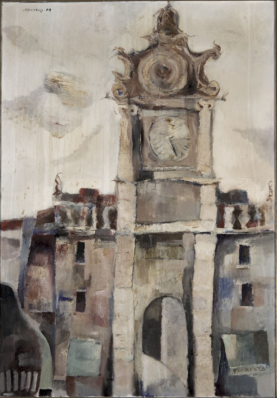 L'orologio, veduta della Torre dell'orologio di Salò (dipinto) di Pescatori Carlo (sec. XX)