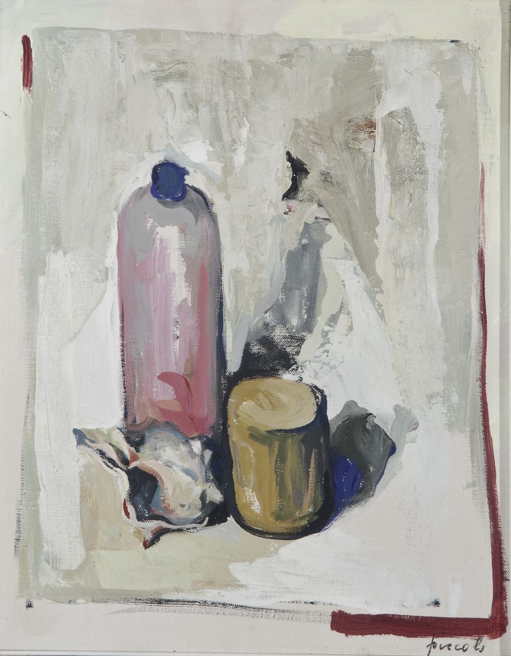 Bottiglia e conchiglia, natura morta (dipinto) di Piccolo Peppino (sec. XX)