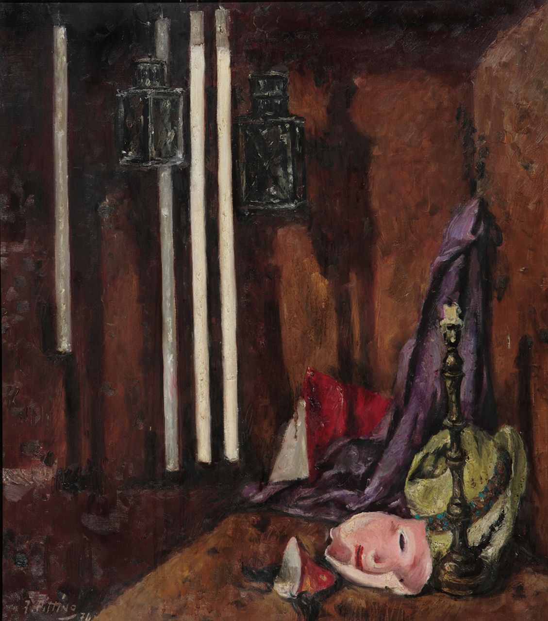 Ceri e maschere, natura morta (dipinto) di Pittino Gilfredo detto Fred Pittino (sec. XX)