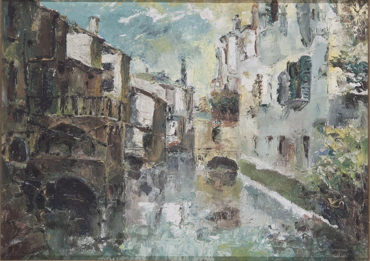 Canale di Mantova, veduta (dipinto) di Bonivento, Umberto (sec. XX)