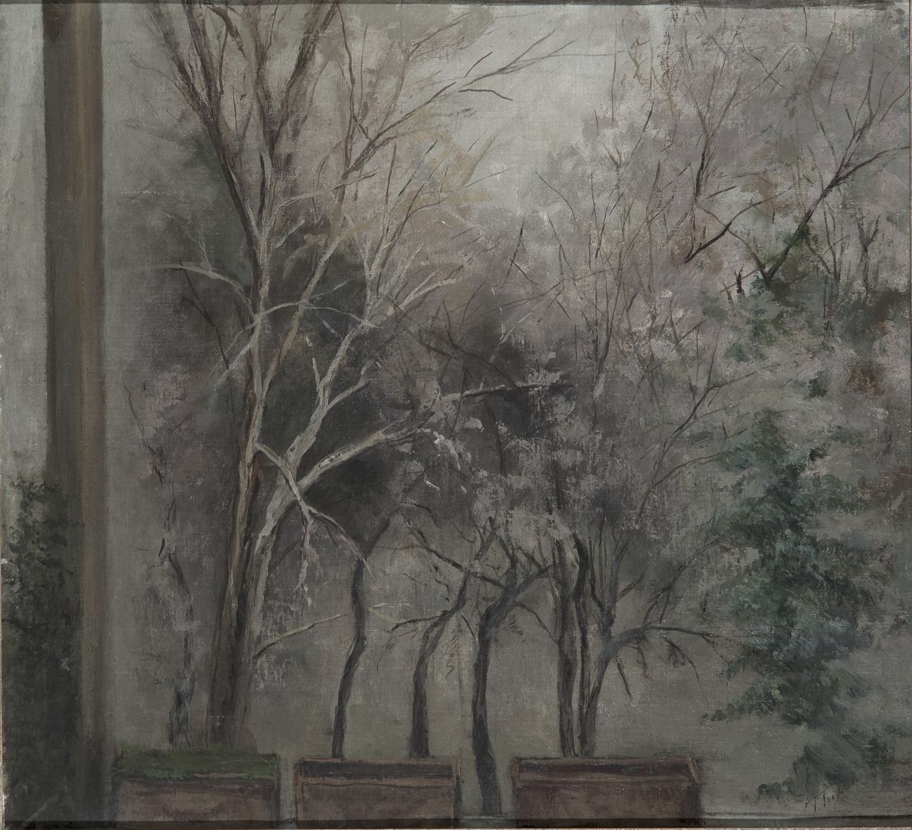 Veduta del terrazzo di villa Borghese, paesaggio con piante (dipinto) di Tripoli Teresa (sec. XX)