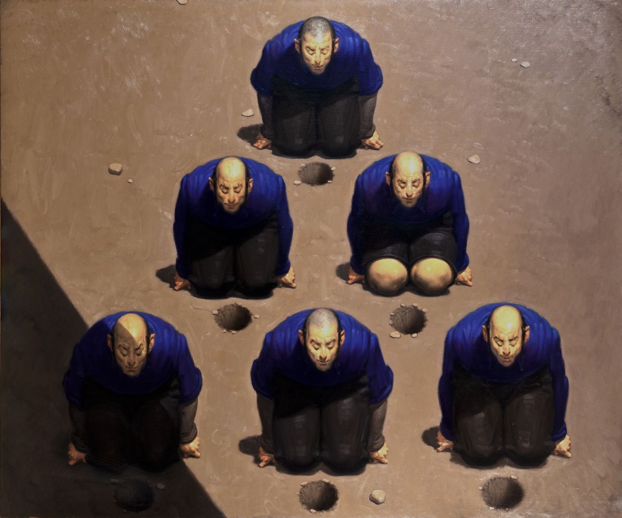 Non usciranno mai, figure maschili inginocchiate (dipinto) di Vaccari Wainer (sec. XX)