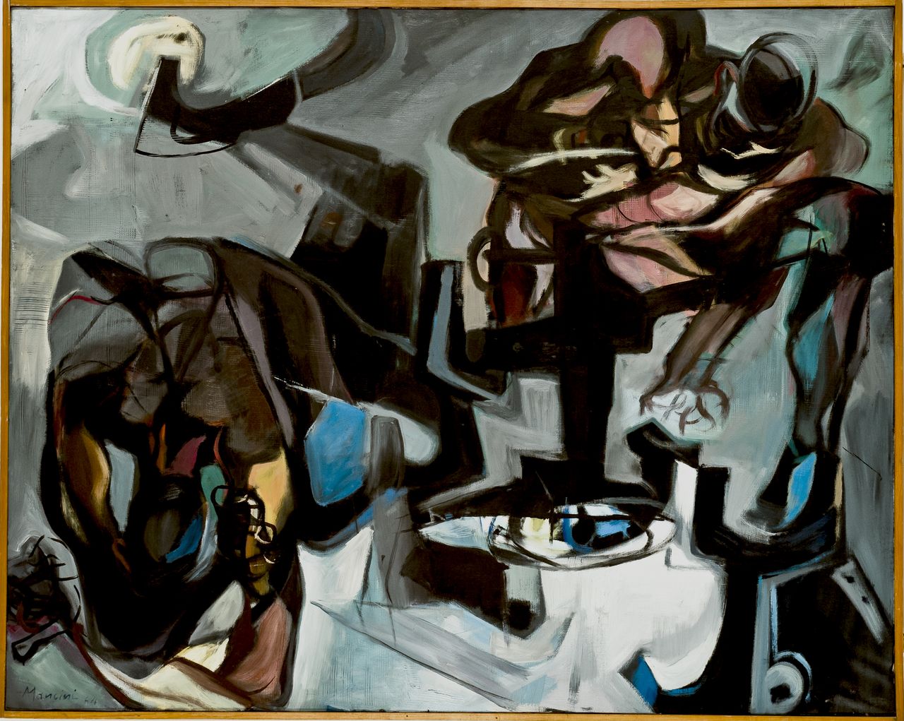 Due pescatori con lampare, pescatori (dipinto) di Mancini Romeo (sec. XX)