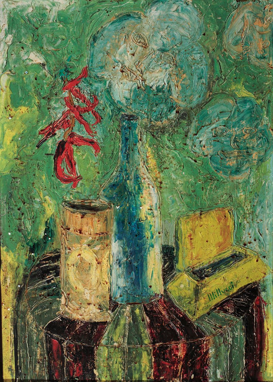 Natura morta su puff, natura morta (dipinto) di Millucci Angelo (sec. XX)